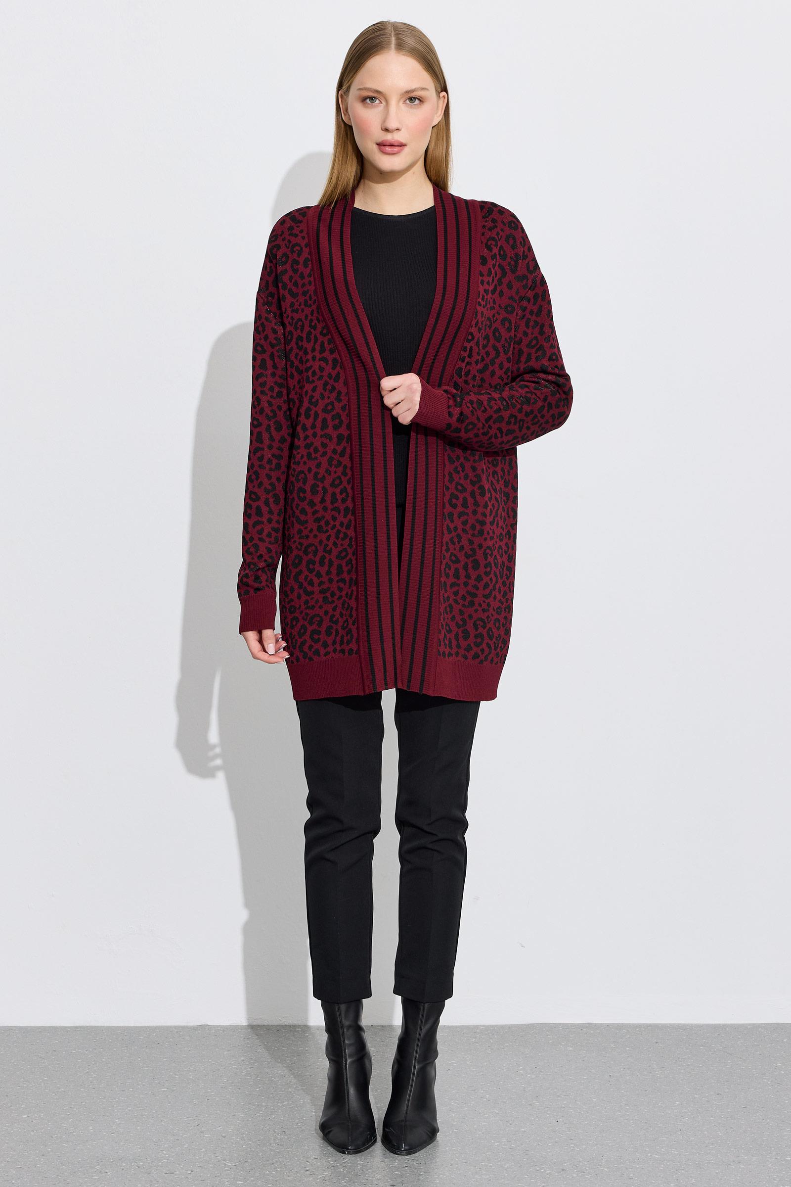 Leopar Desenli Rayon Hırka BORDO