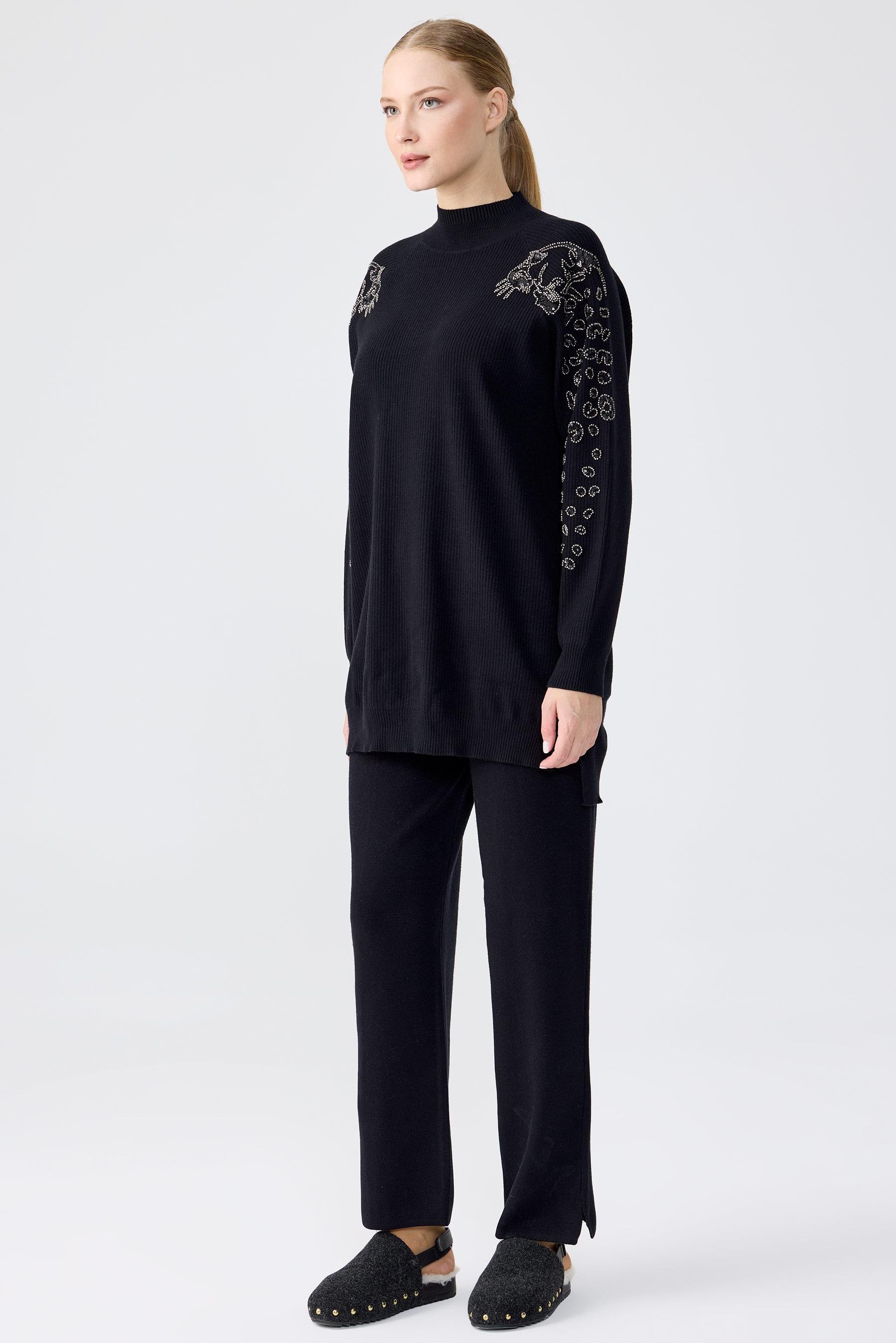 Leopar Taş işlemeli Tunik Pantolon Takım SİYAH