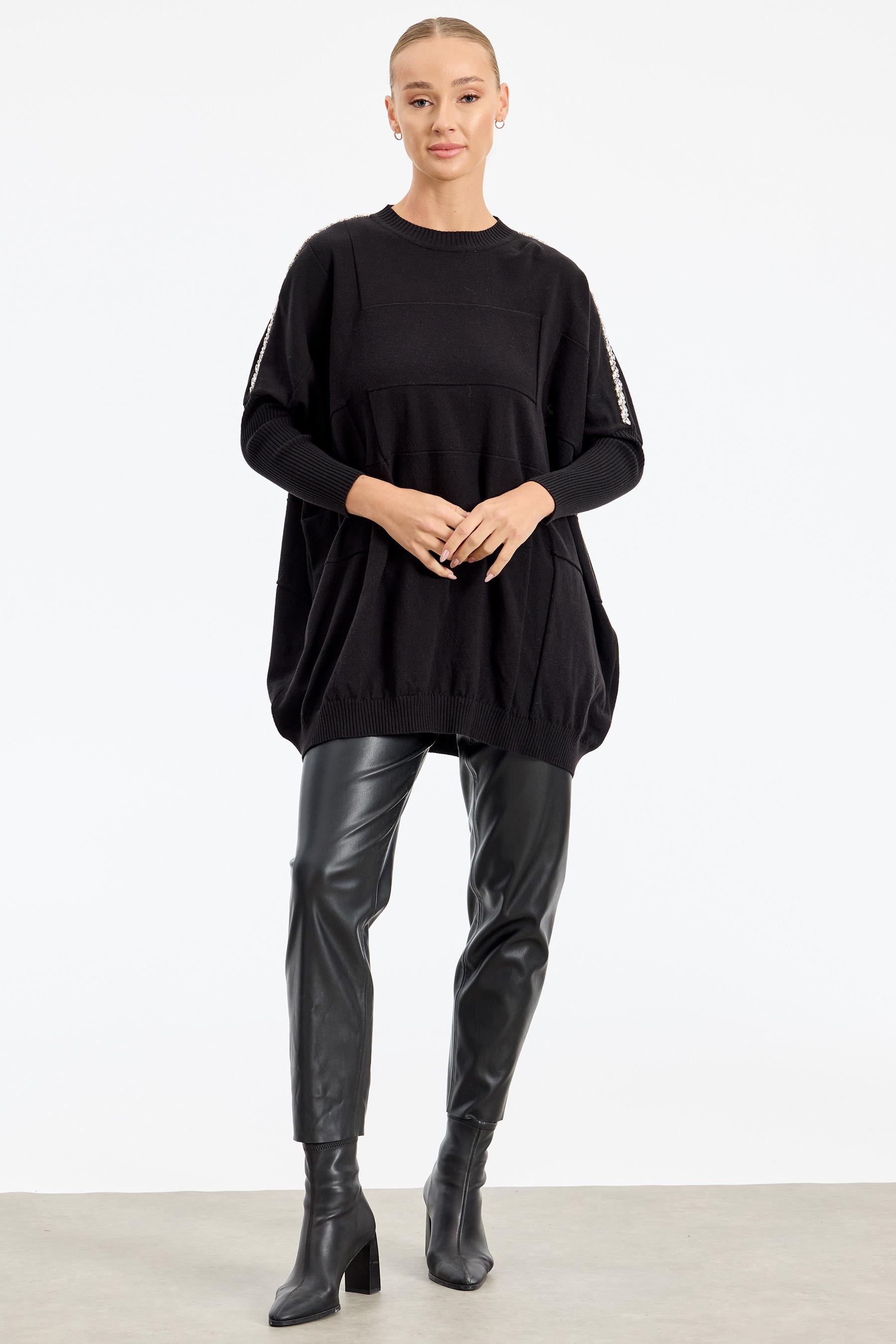 Omzu Yapıştırma Taşlı Yarasa Kollu Triko Tunik SİYAH