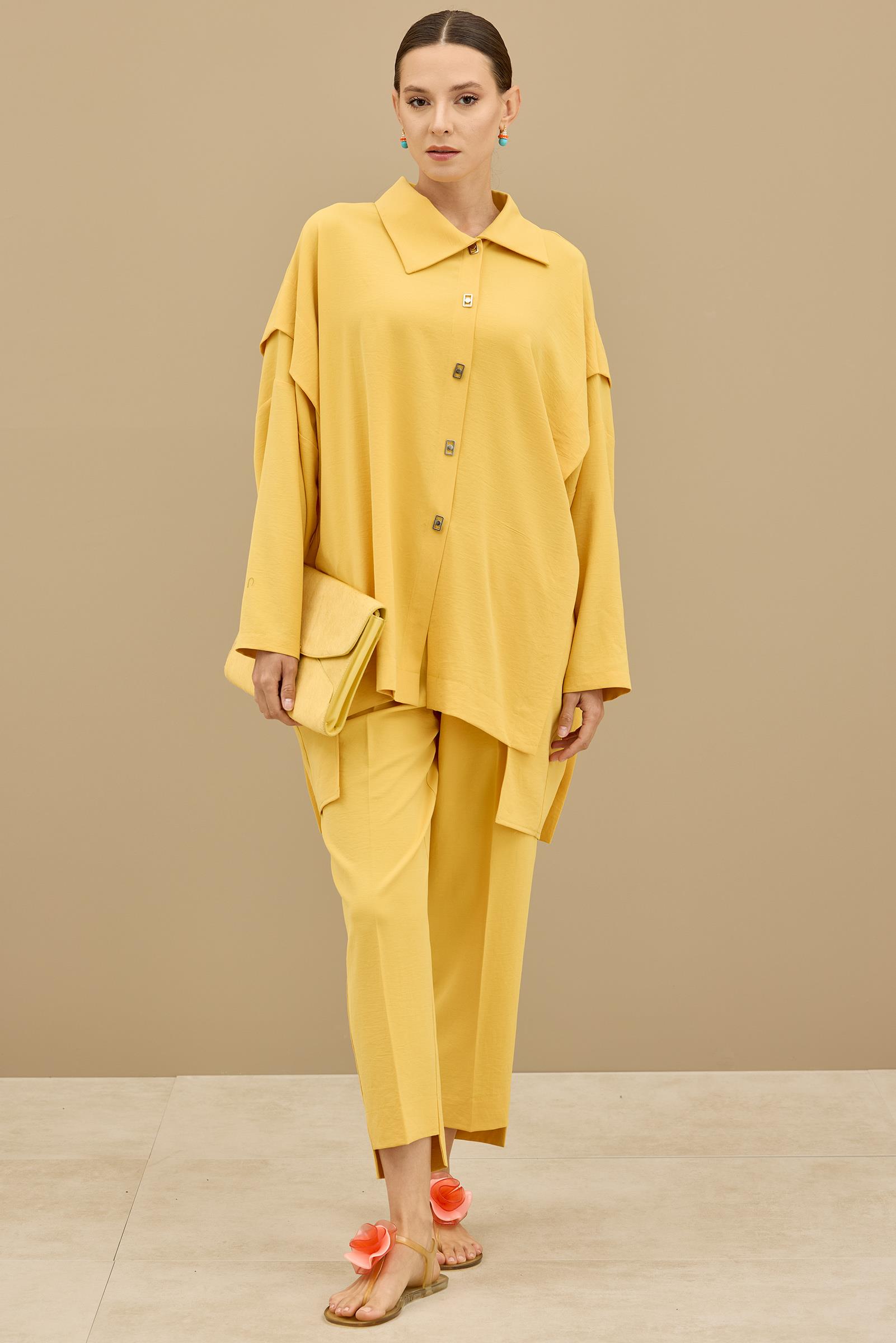 Önden Çıtçıtlı Asimetrik Oversize Takım SARI