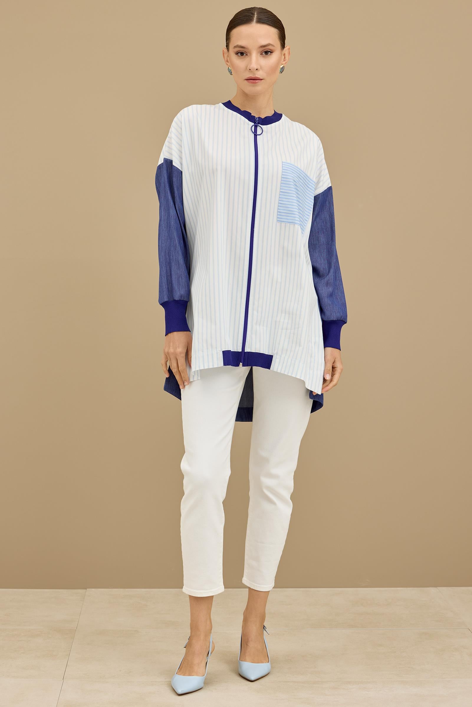 Önden Fermuarlı Çizgi Poplin Denim Mix Hırka INDIGO