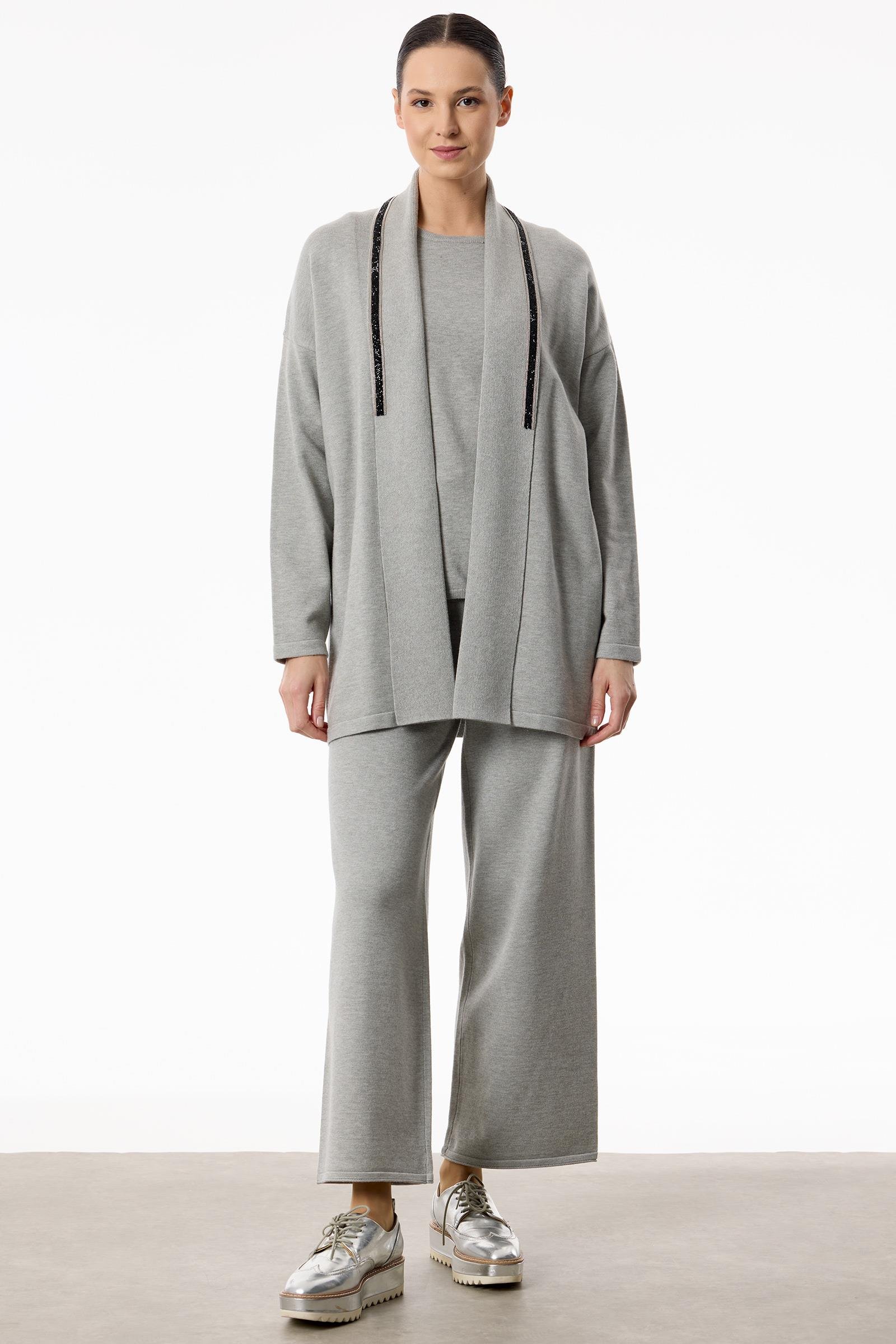 Önü Taş Şeritli 3'lü Triko Takım GRİ