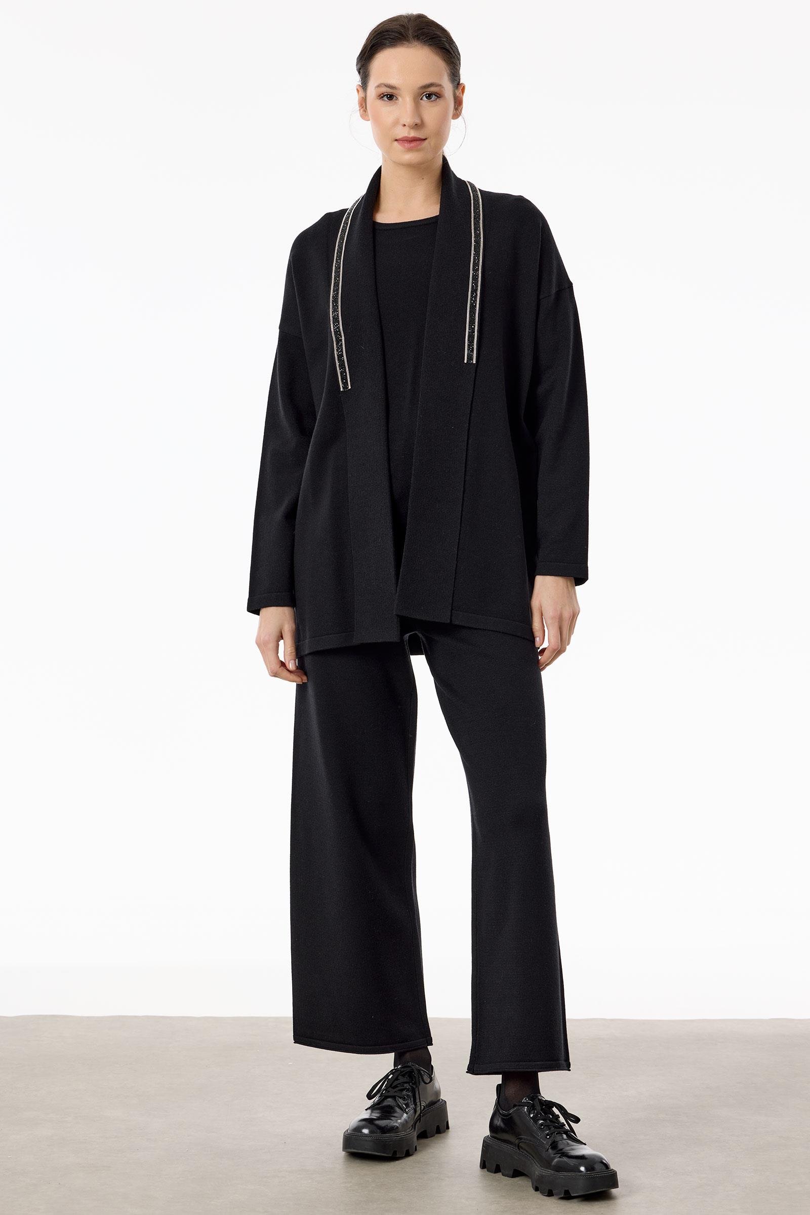 Önü Taş Şeritli 3'lü Triko Takım SİYAH