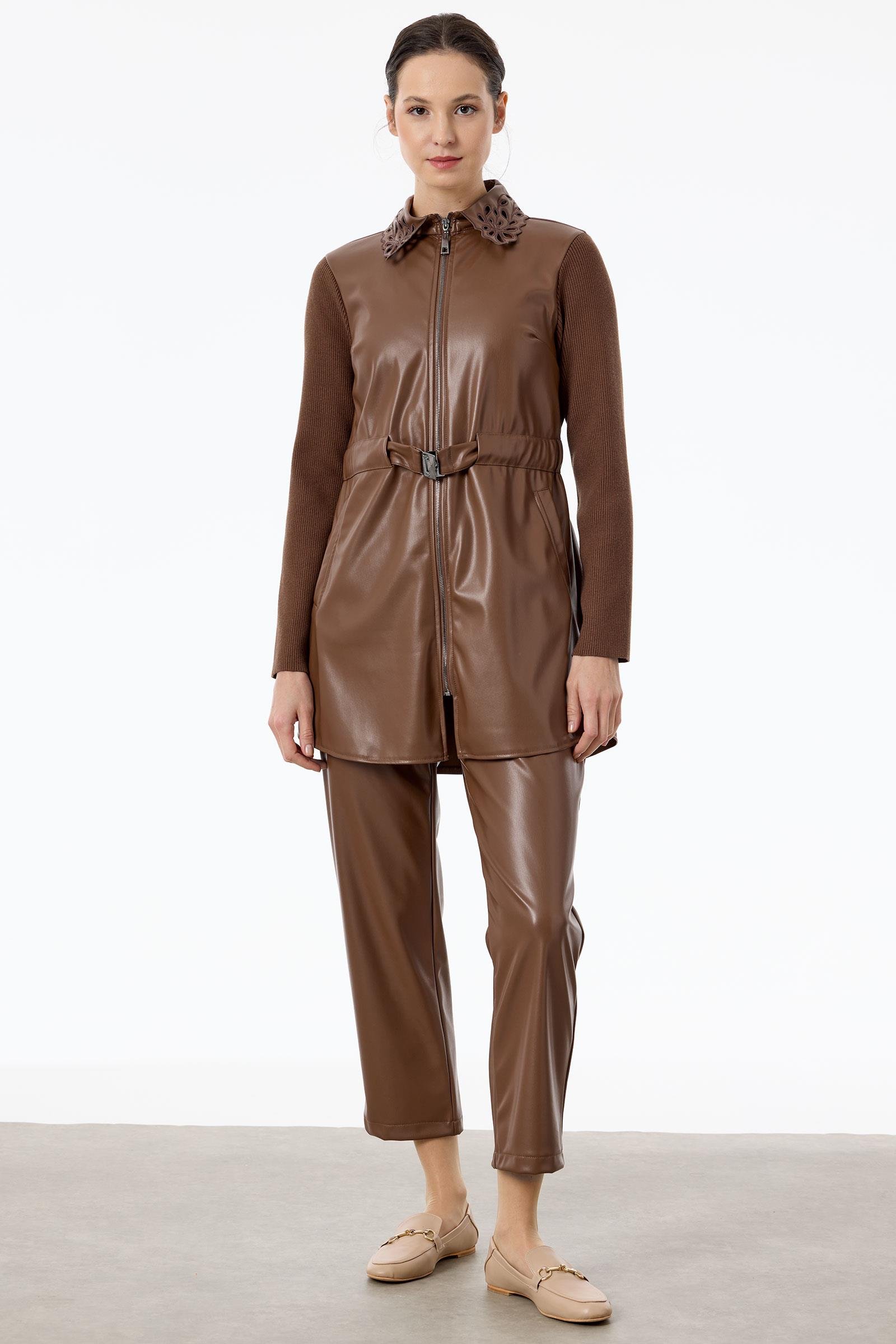 Paça Ve Yakası Nakışlı Deri Takım KAHVE