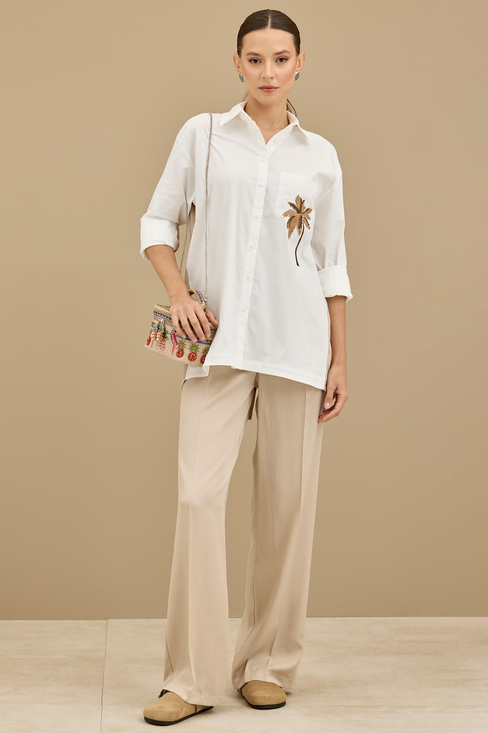 Palmiye Nakışlı Poplin Kombinli Takım BEJ