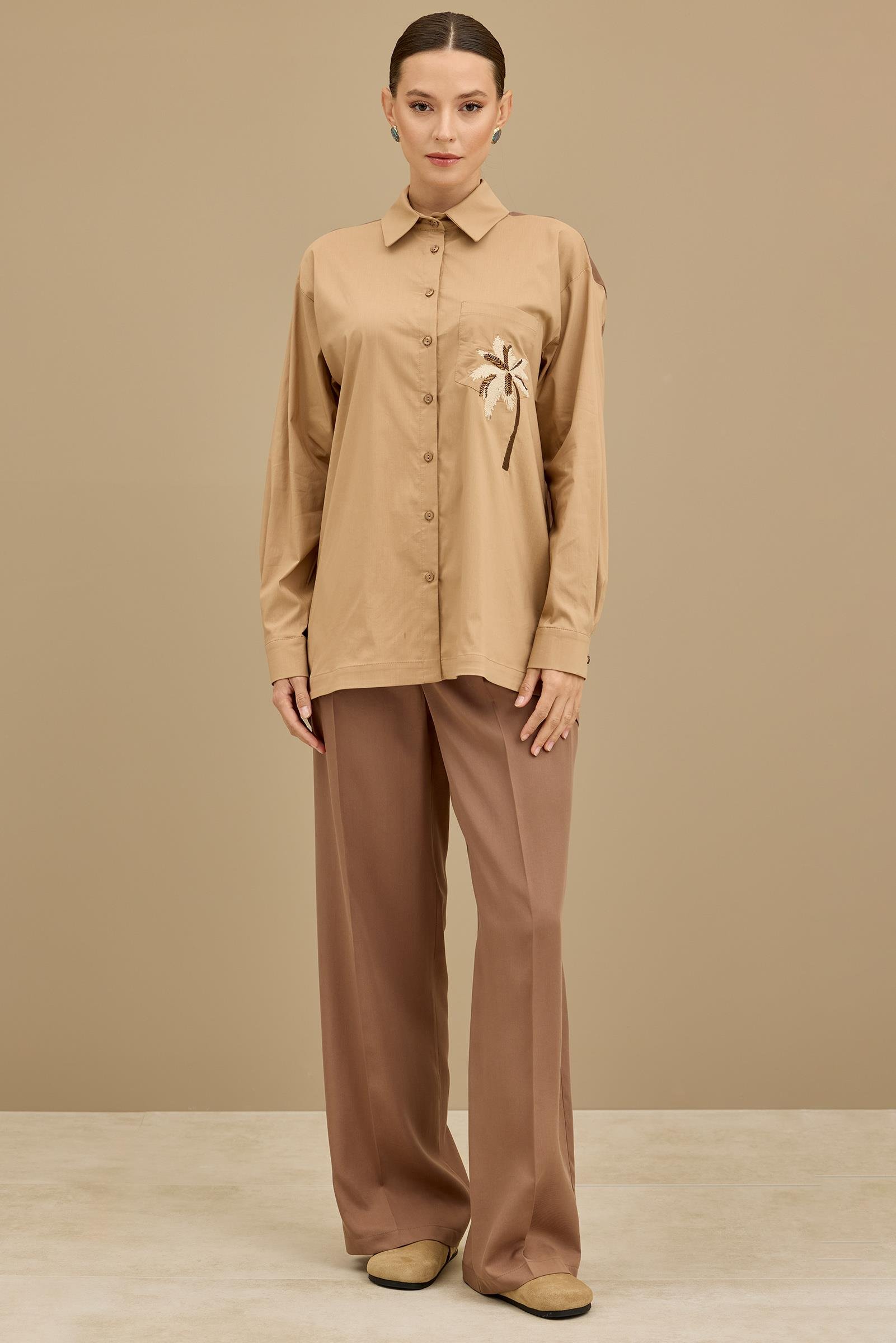 Palmiye Nakışlı Poplin Kombinli Takım MOCHA