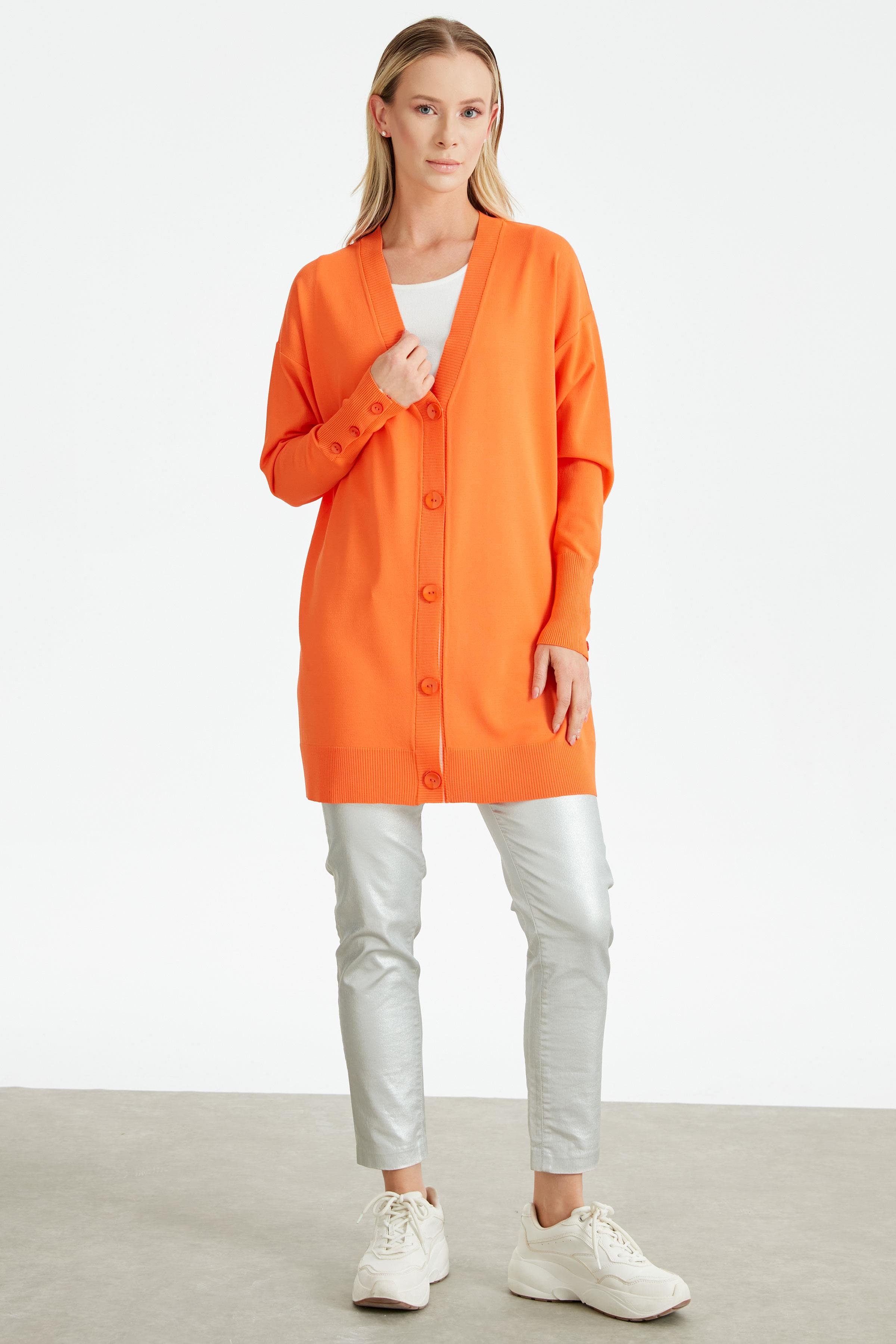 PATI VE KOLU ÇİZGİ DETAYLI RAYON HIRKA ORANJ