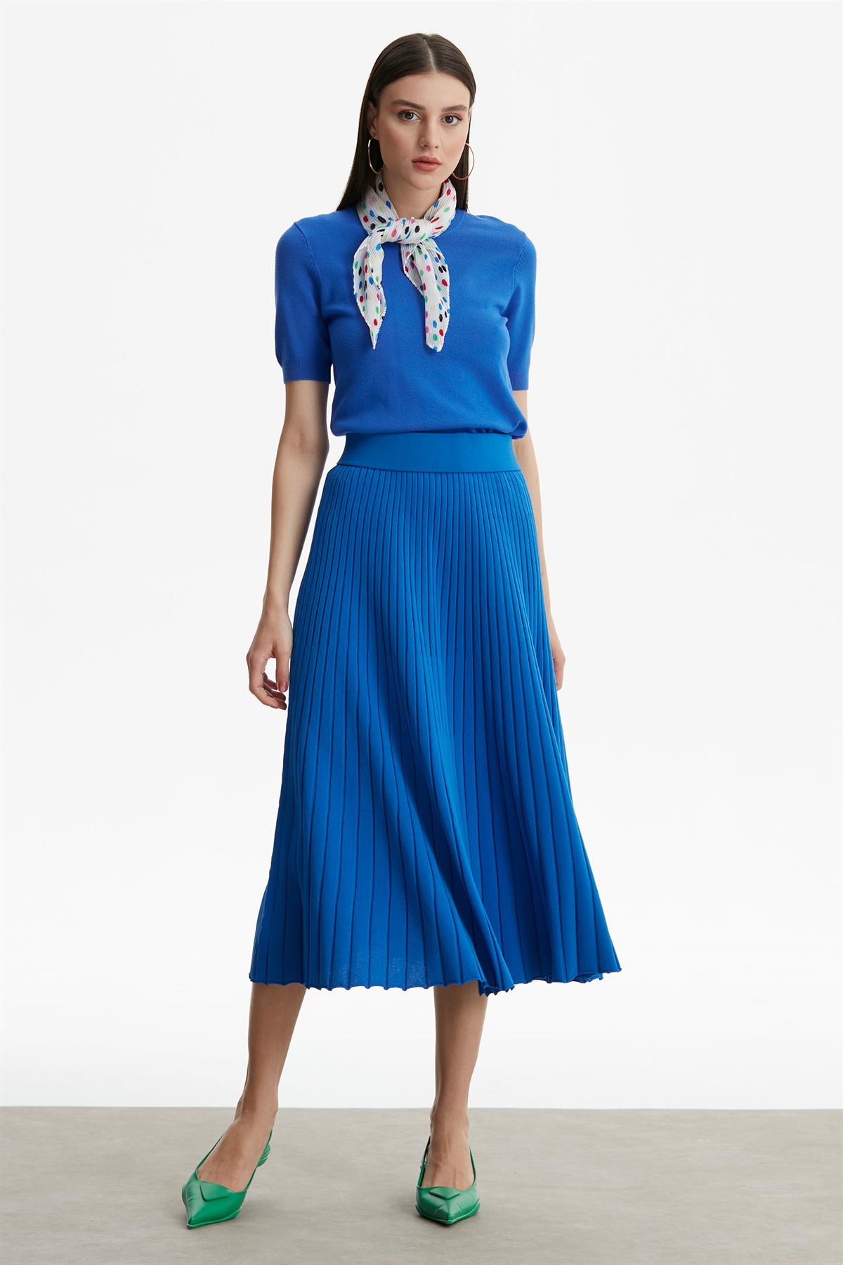 PİLELİ RAYON ETEK SAKS
