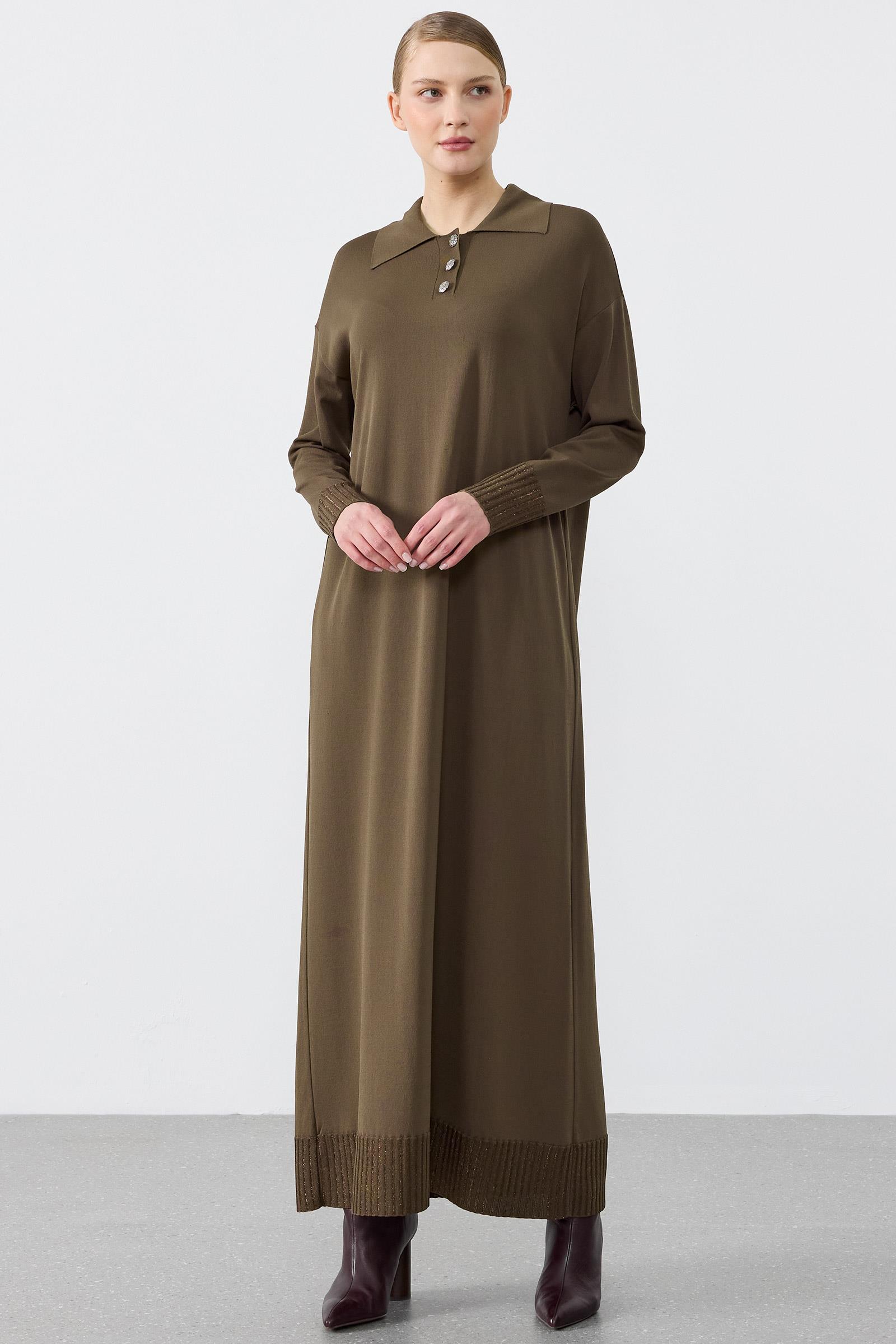 Pola Yaka Düğmeli Rayon Elbise KAHVE