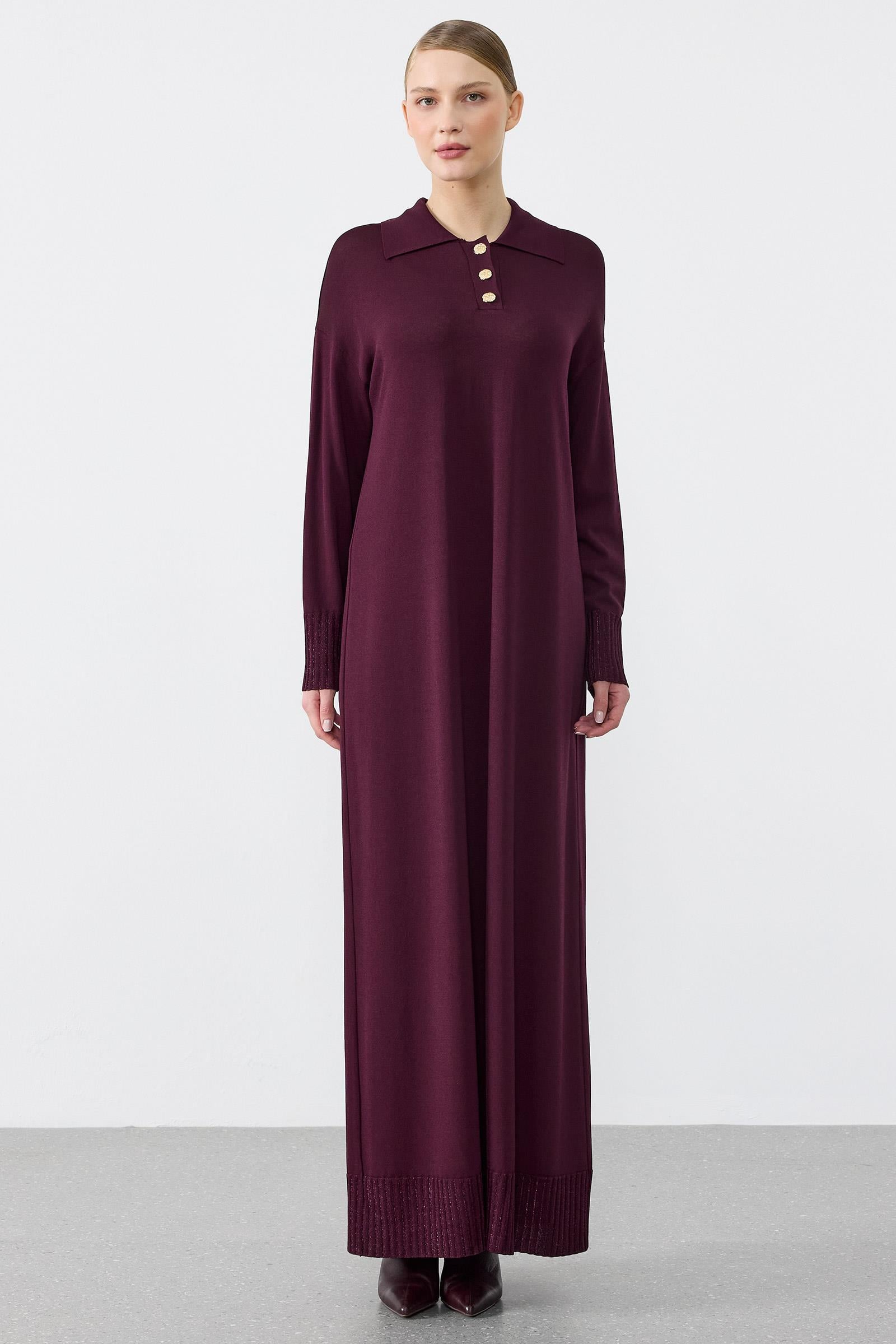 Pola Yaka Düğmeli Rayon Elbise MÜRDÜM
