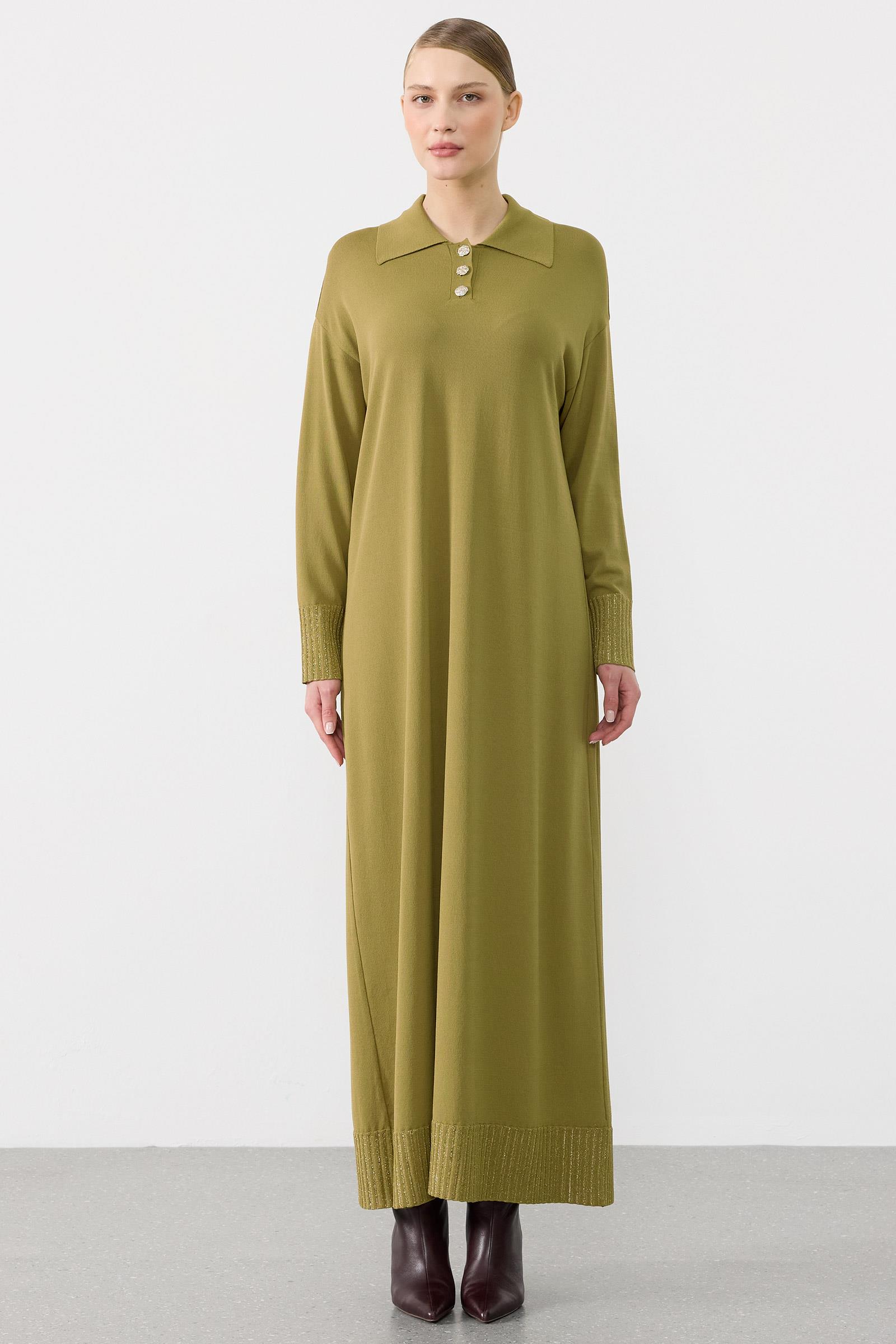 Pola Yaka Düğmeli Rayon Elbise OLİVE