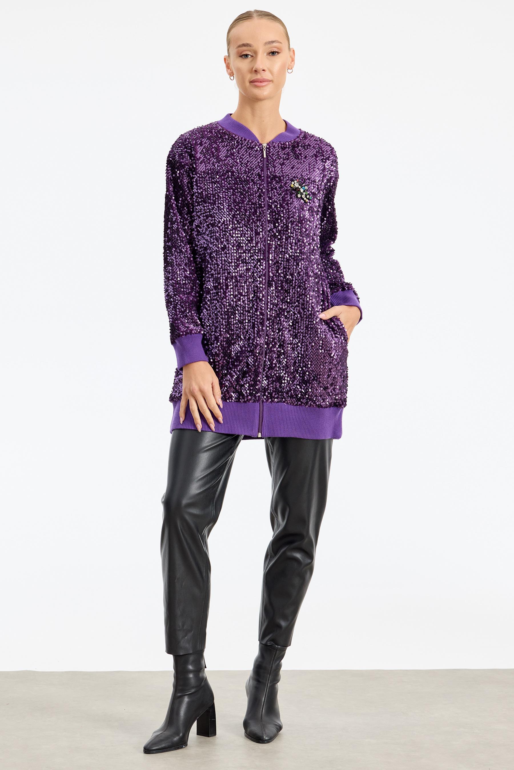 RİBANA DETAYLI PULLU BOMBER CEKET MOR