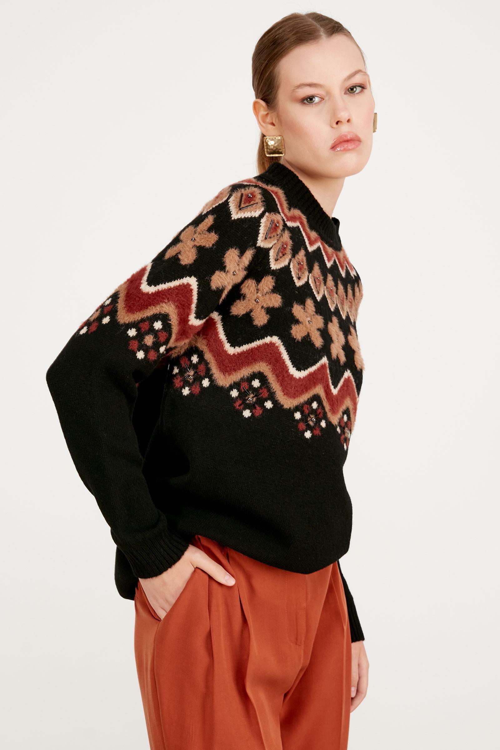 ROBASI DESEN DETAYLI İŞLEMELİ TRİKO TUNİK SİYAH