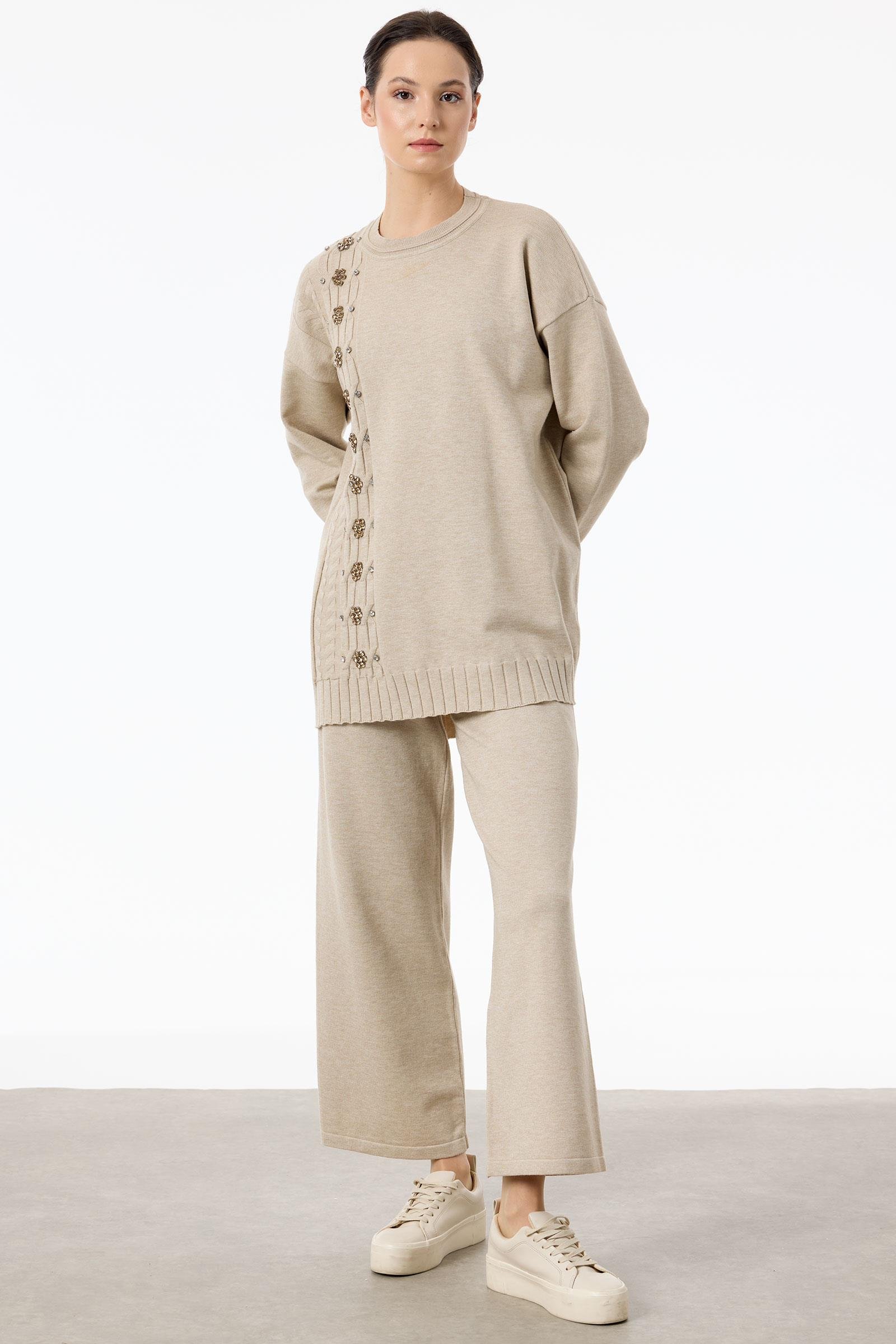 Saç Örgüsü Üzerine Taş Baskılı Pantolonlu Triko Takım HAKİ