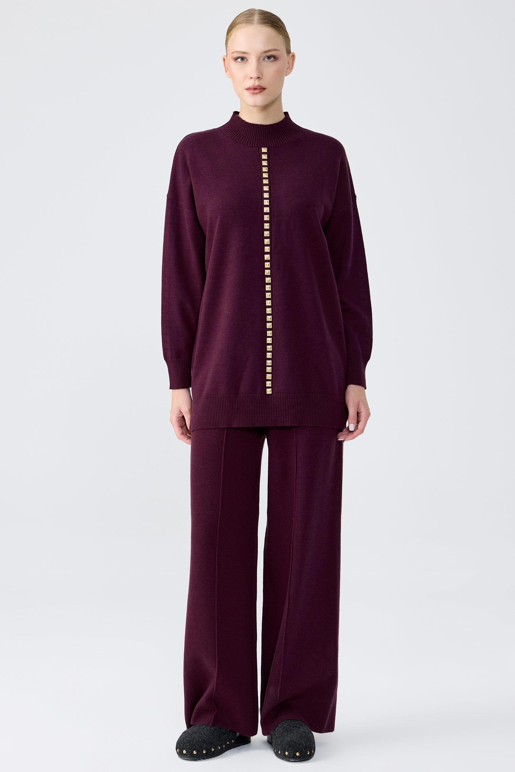 Şerit Taş İşlemeli Tunik Pantolon Takım MÜRDÜM