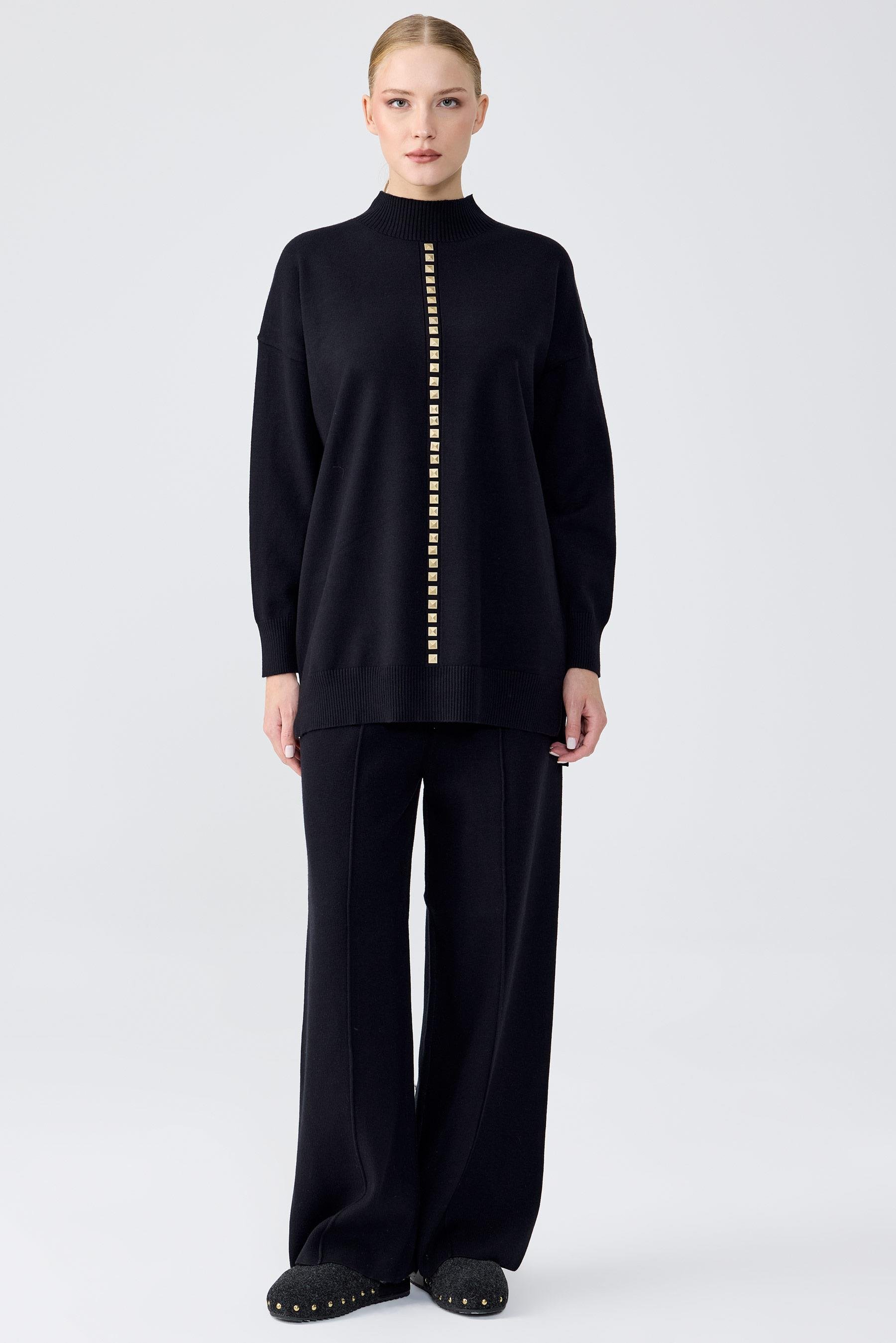 Şerit Taş İşlemeli Tunik Pantolon Takım SİYAH