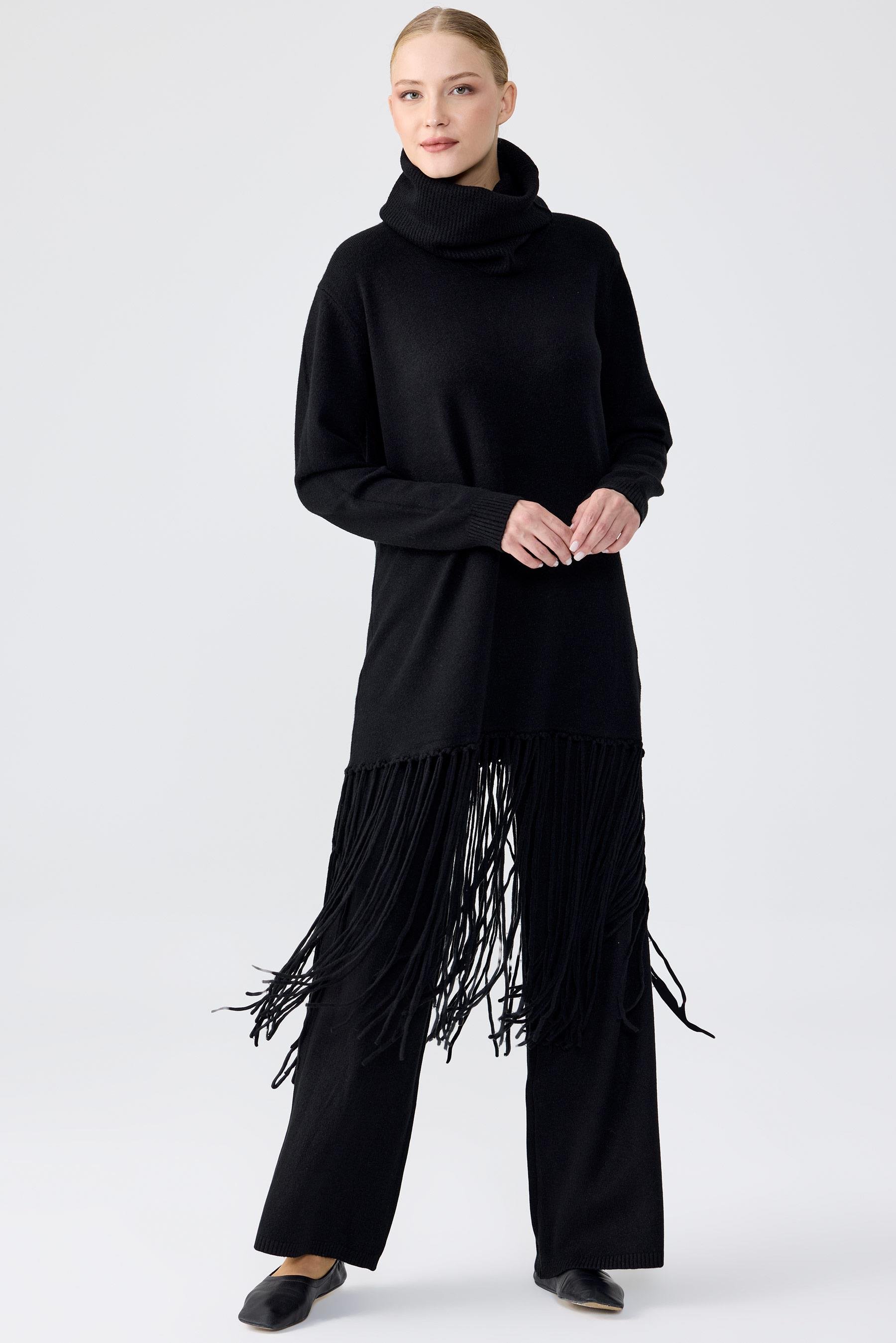 Seyyar Balıkcı Yaka Püsküllü Pantolonlu Triko Takım SİYAH