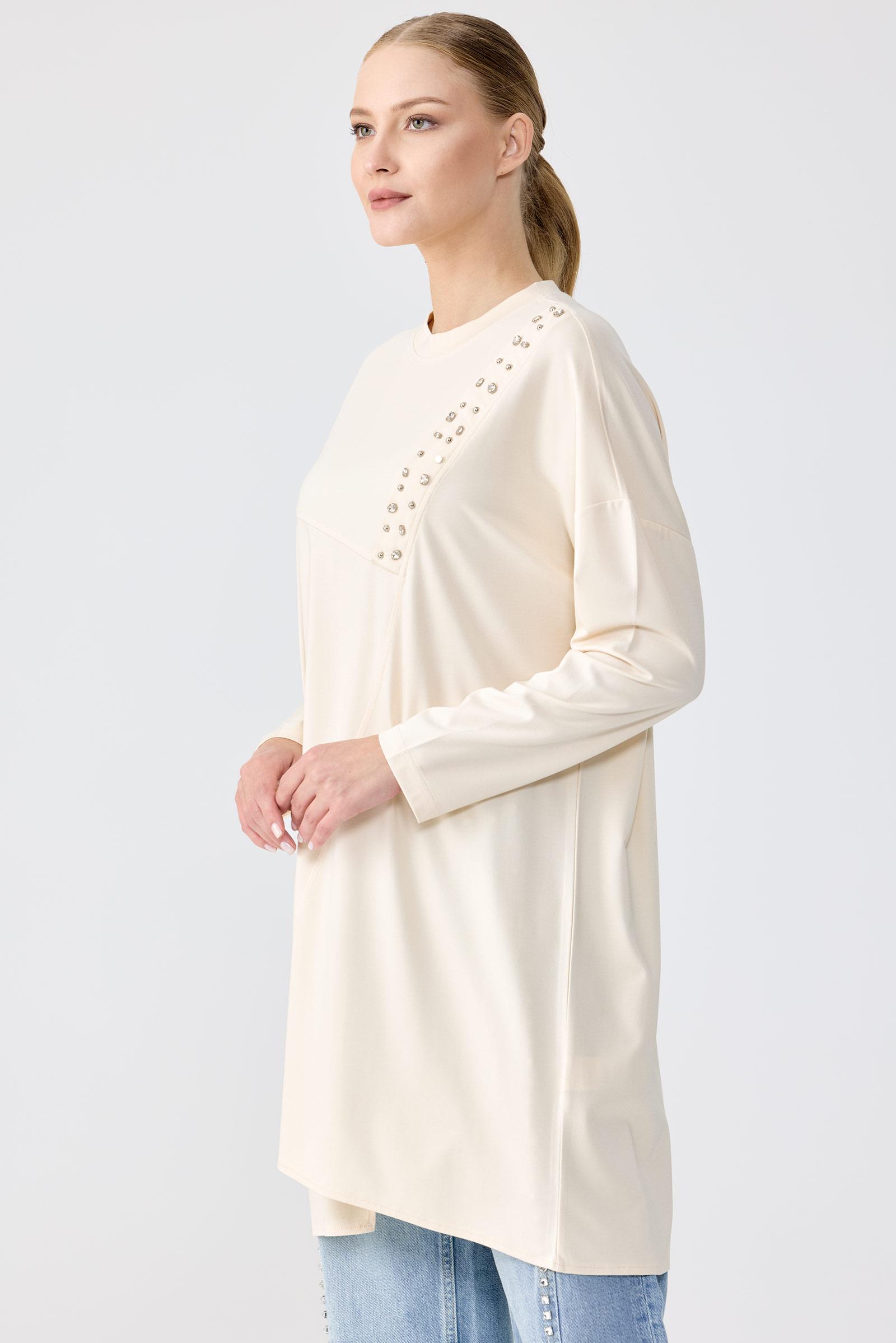 Sıfır Yaka Taş İşlemeli Tunik BEJ