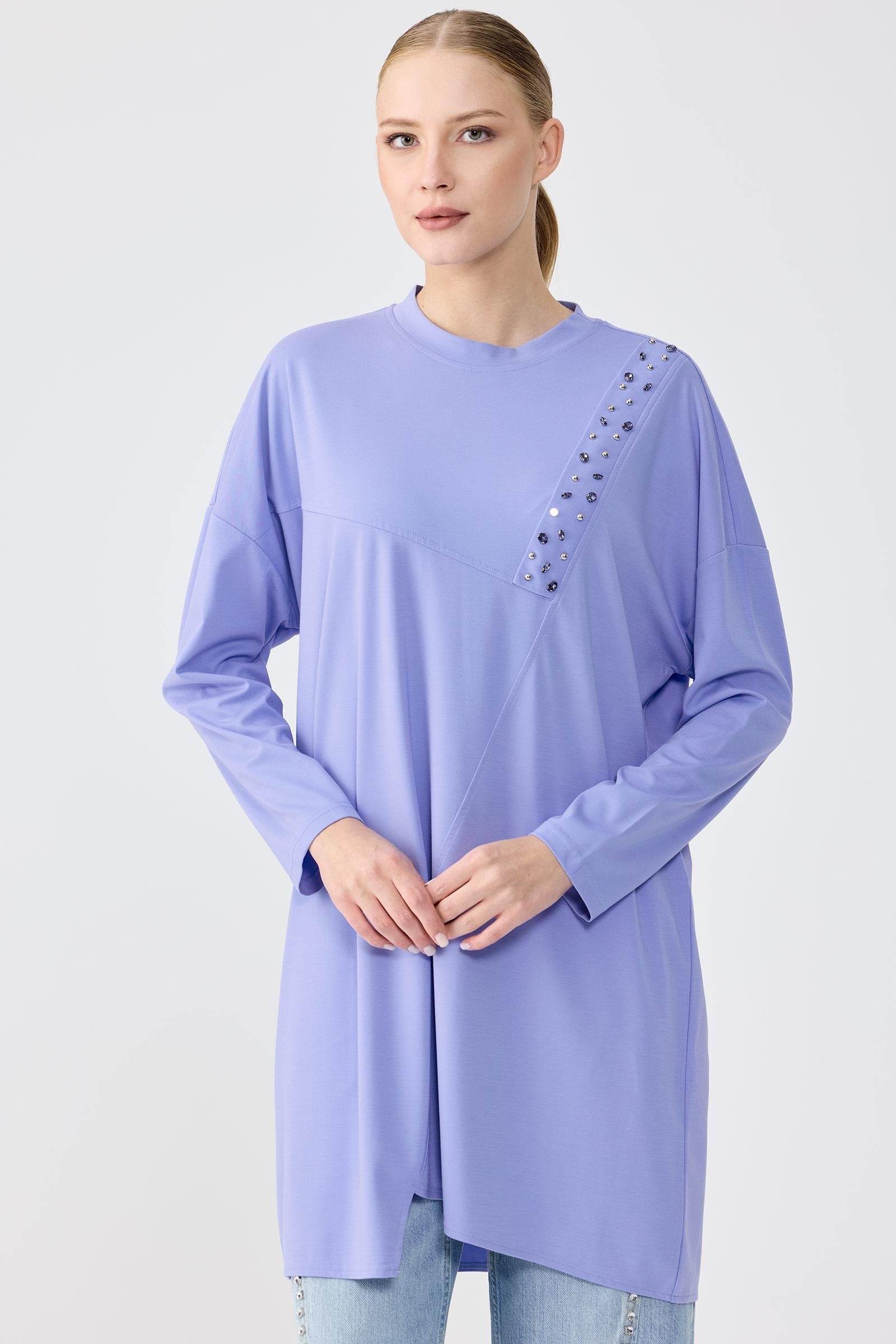 Sıfır Yaka Taş İşlemeli Tunik MAVİ