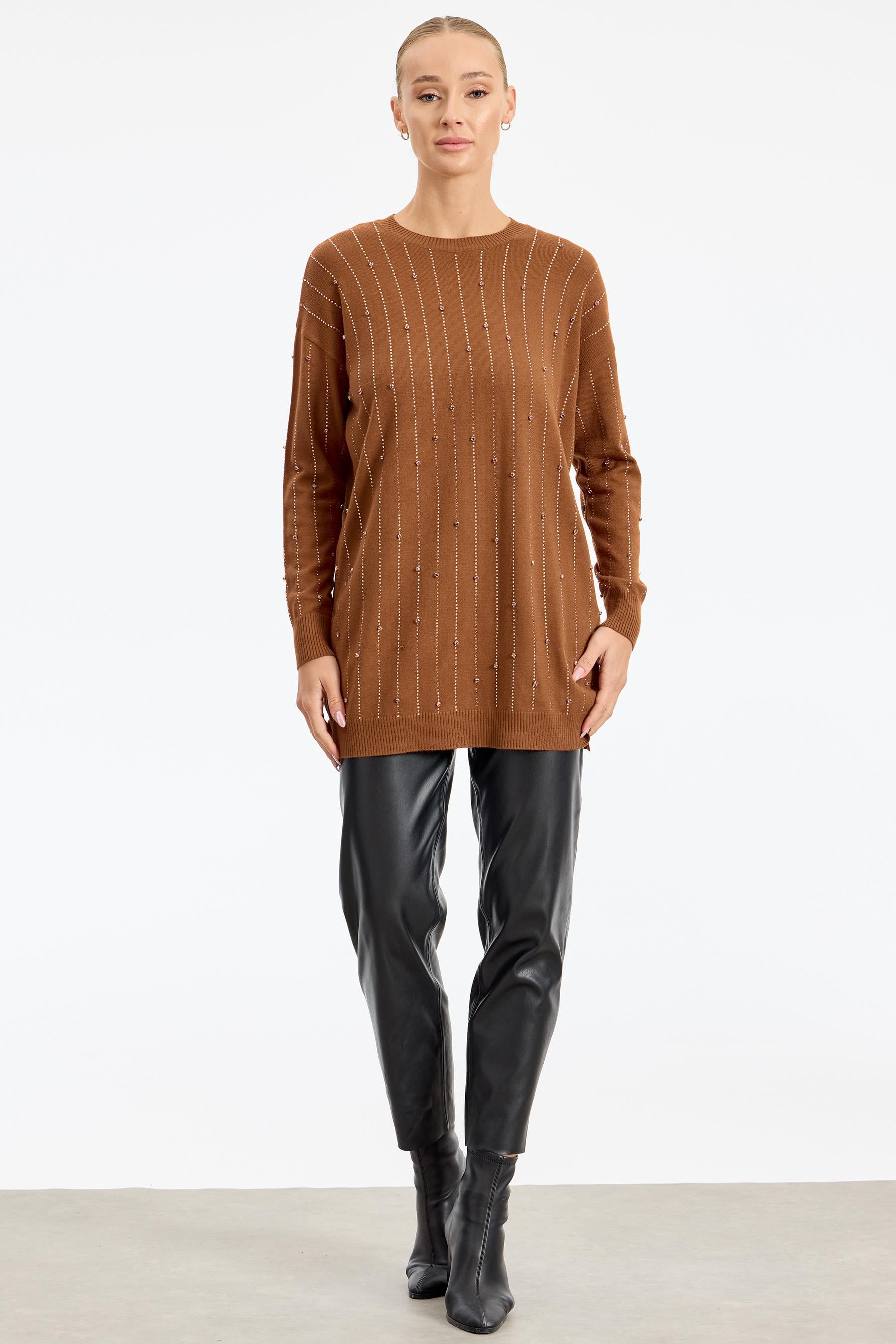 Suyolu Taş Baskılı Triko Tunik KİREMİT