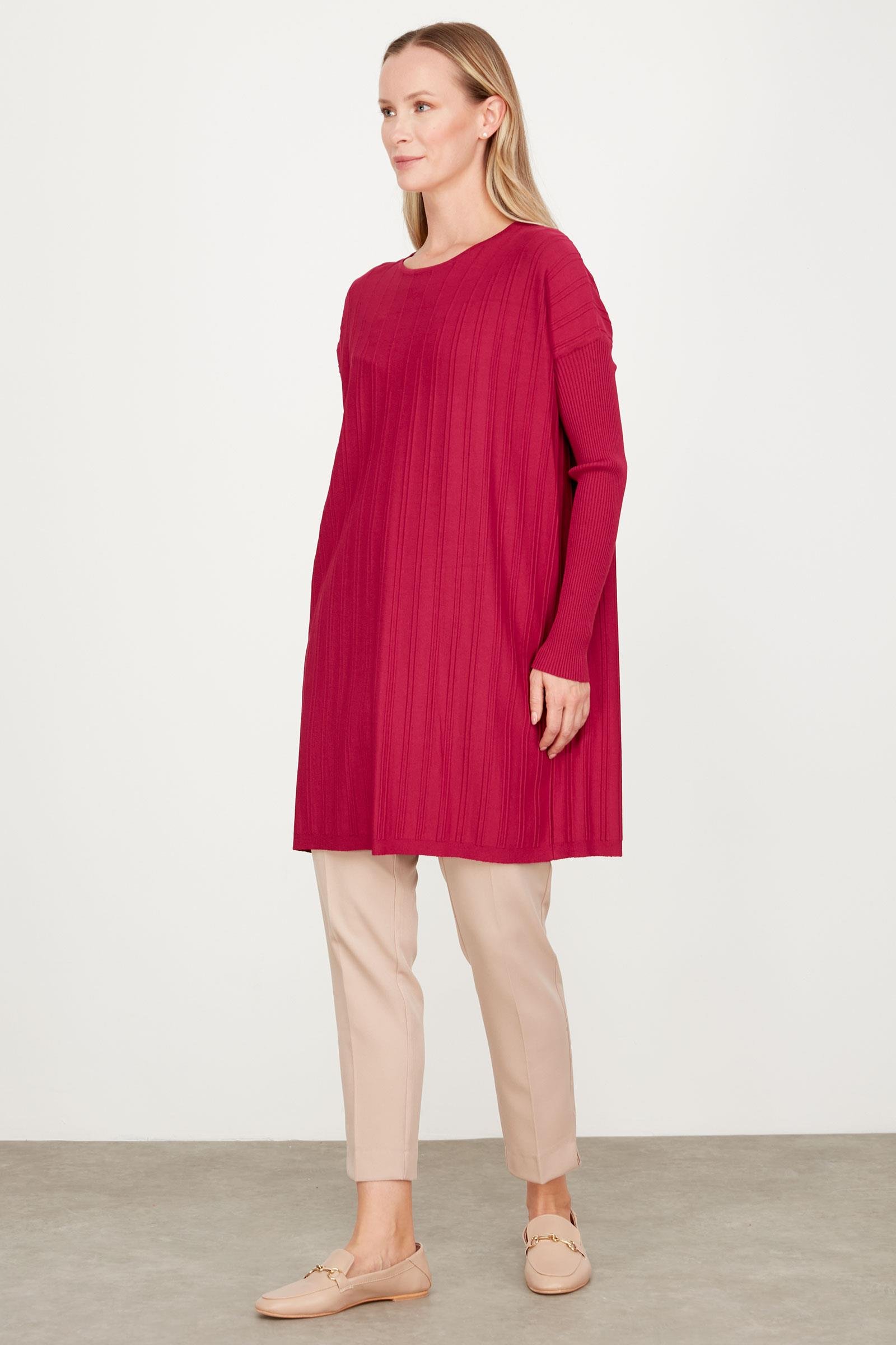 T KALIP ÇİZGİ DETAYLI BASİC RAYON TUNİK FUŞYA