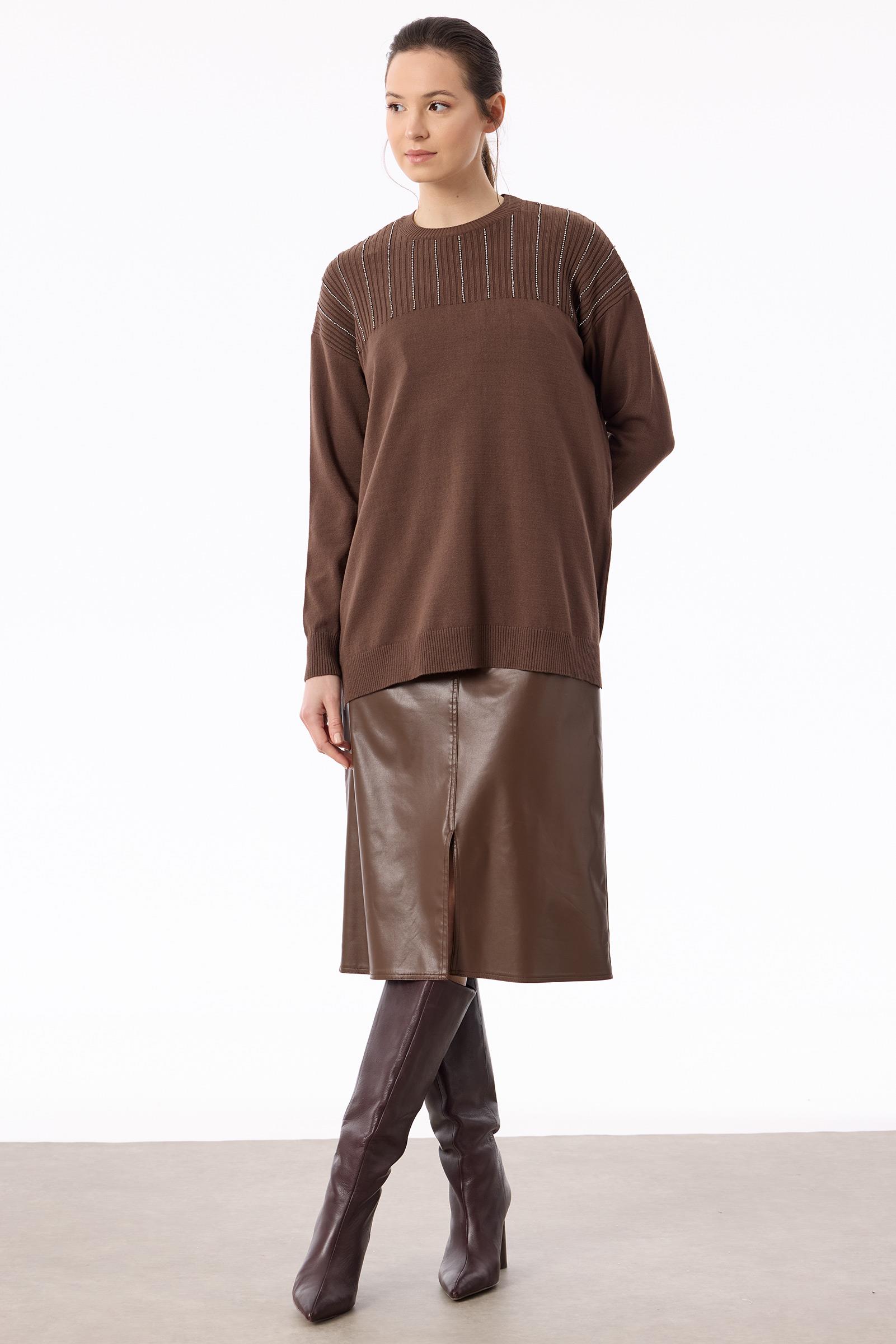 Taş Detaylı Triko Tunik KAHVE