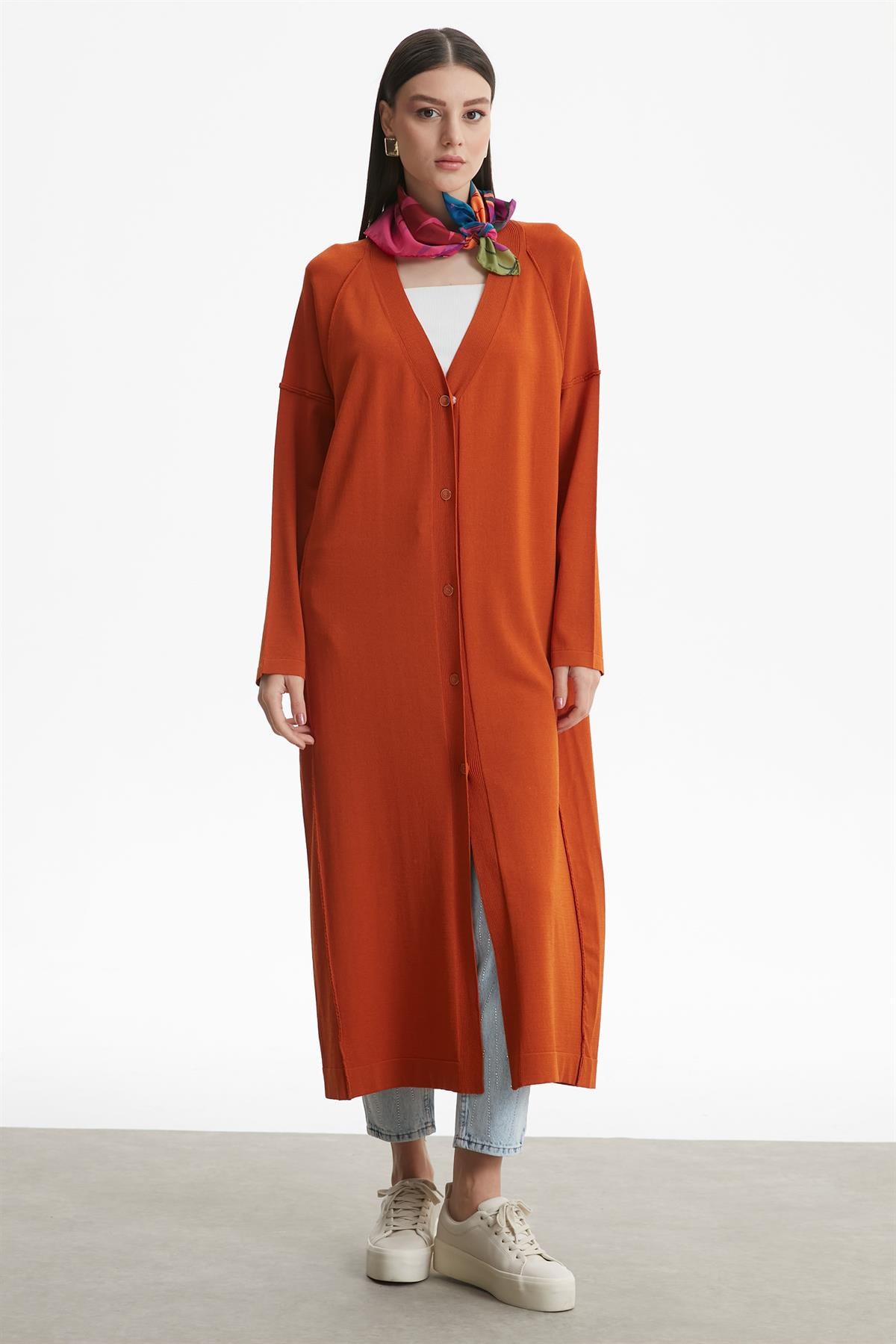 TERS  DİKİŞ DETAYLI RAYON HIRKA ORANJ