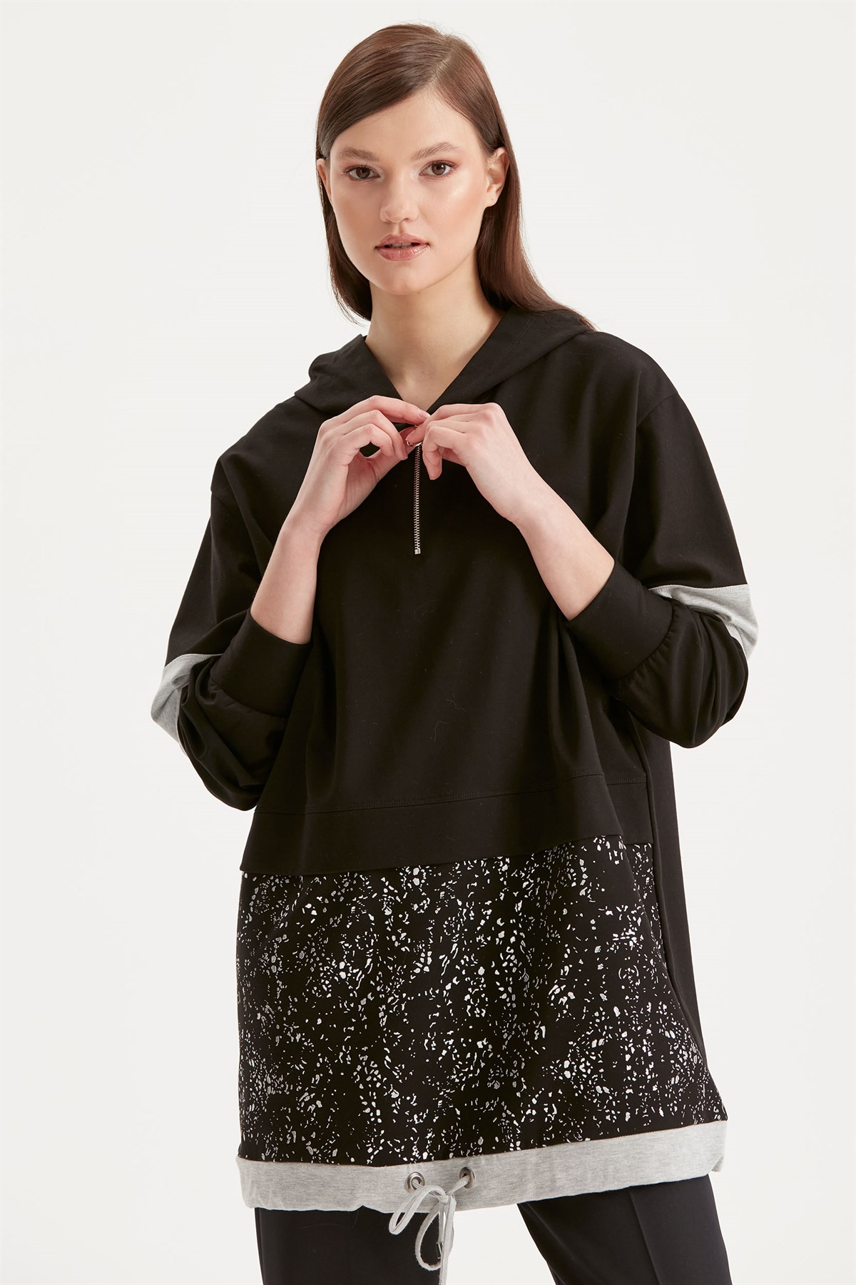 Varak Baskılı Kapüşonlu Sweat Tunik