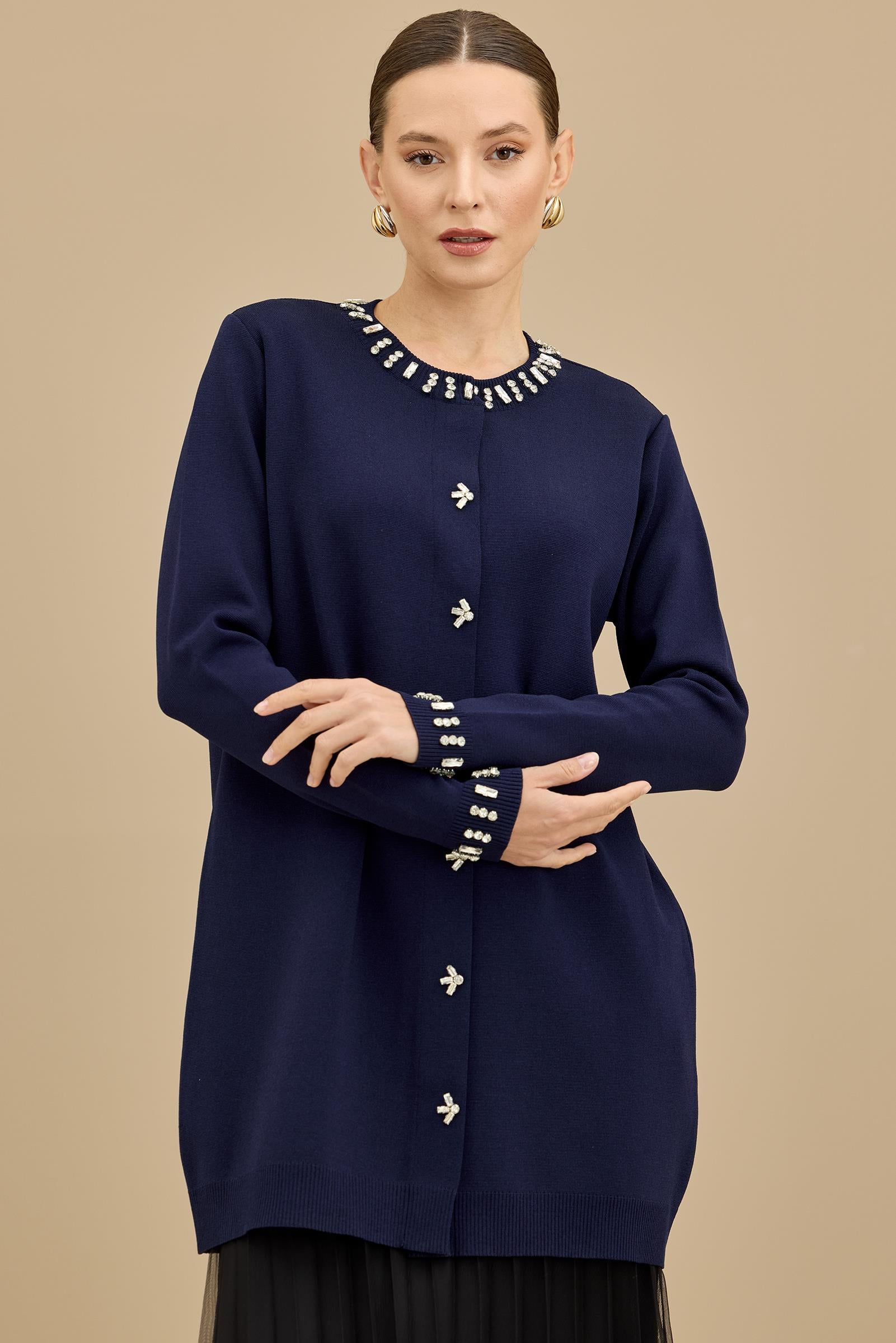 Yakası Ve Önü Taşlı Rayon Ceket LACİVERT