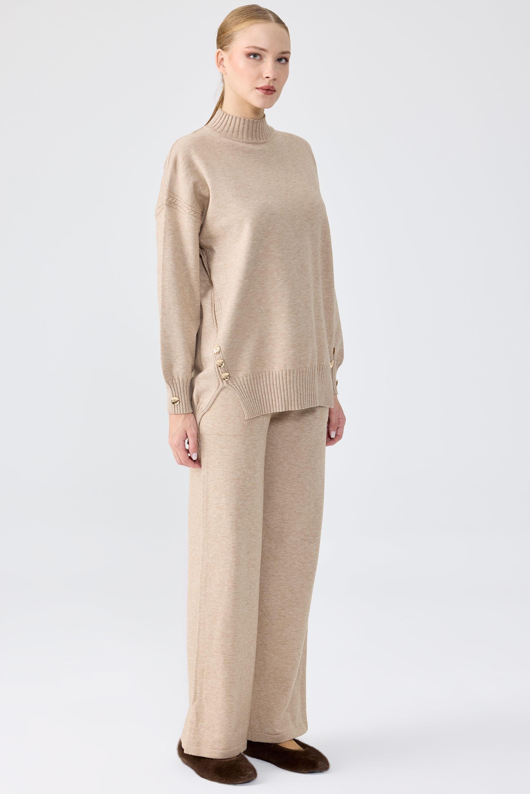 Yanları Düğmeli Tunik Pantolon Takım VİZON