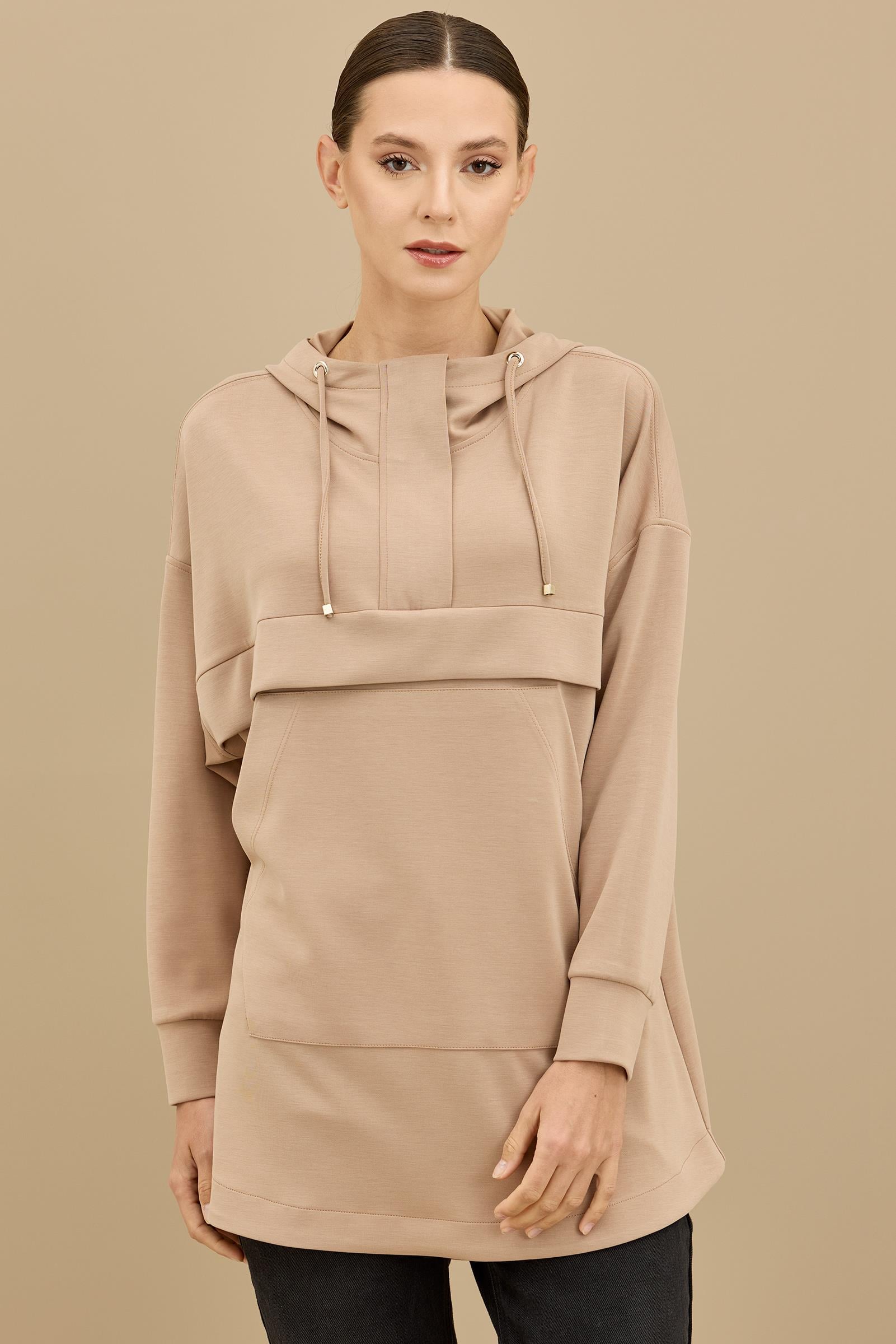 Yarım Fermuarlı Kapüşonlu Robası Allerli Tunik CAMEL