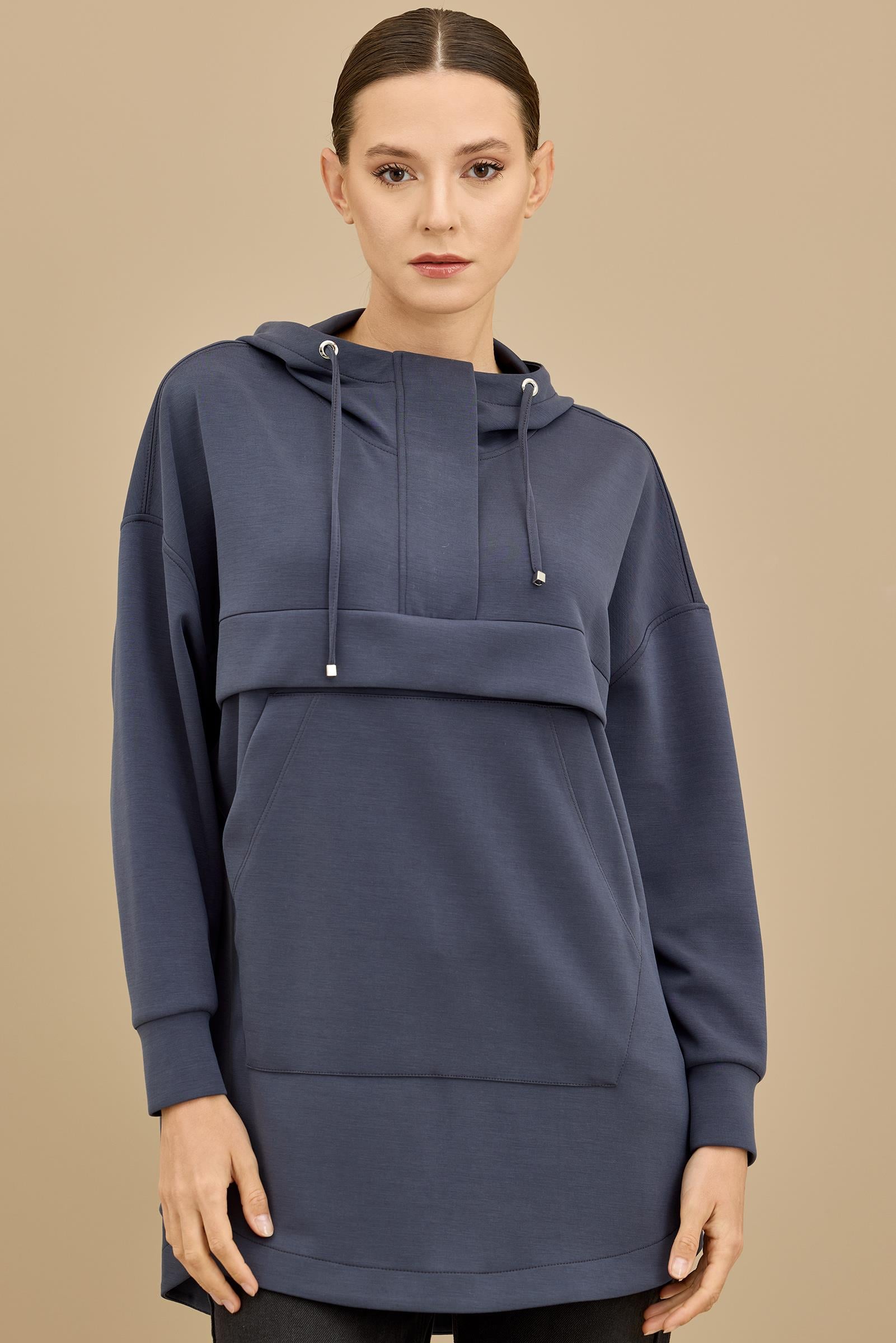 Yarım Fermuarlı Kapüşonlu Robası Allerli Tunik LACİVERT