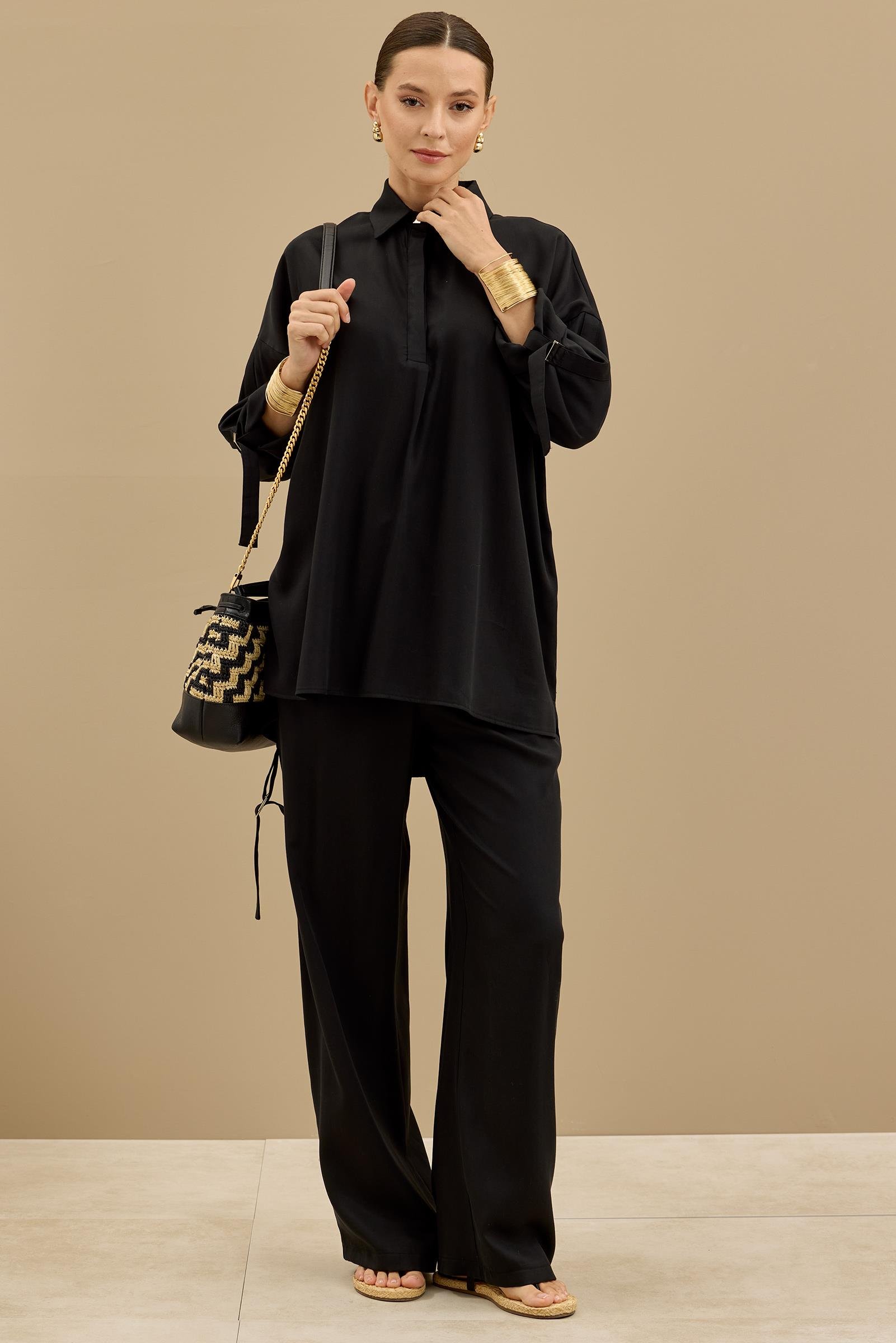 Yarım Patlı Apoletli Pantolon Tunik Takım SİYAH