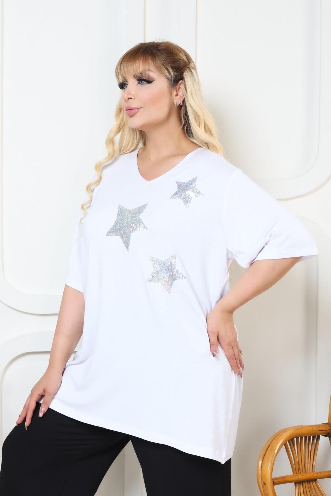 Beyaz yıldız payetli tişört 