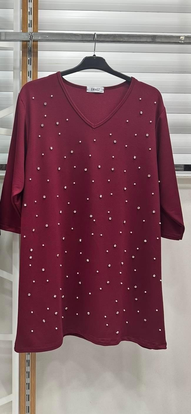 Bordo taş ve inci detaylı bluz 