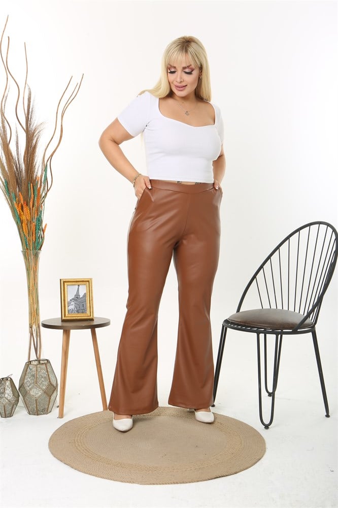 İspanyol paça kahverengi deri pantolon