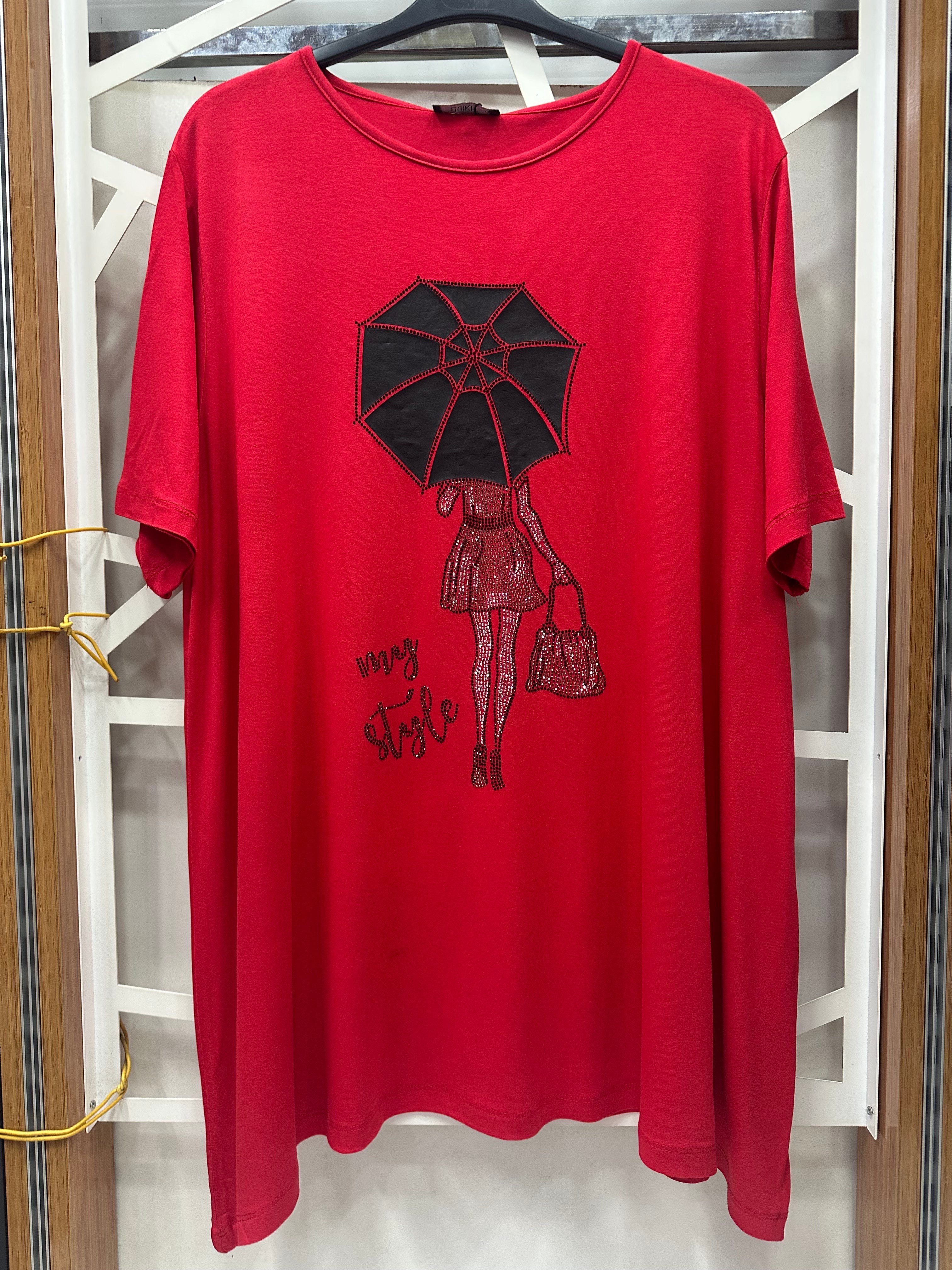 Kırmızı şemsiye figürlü taşlı bluz 