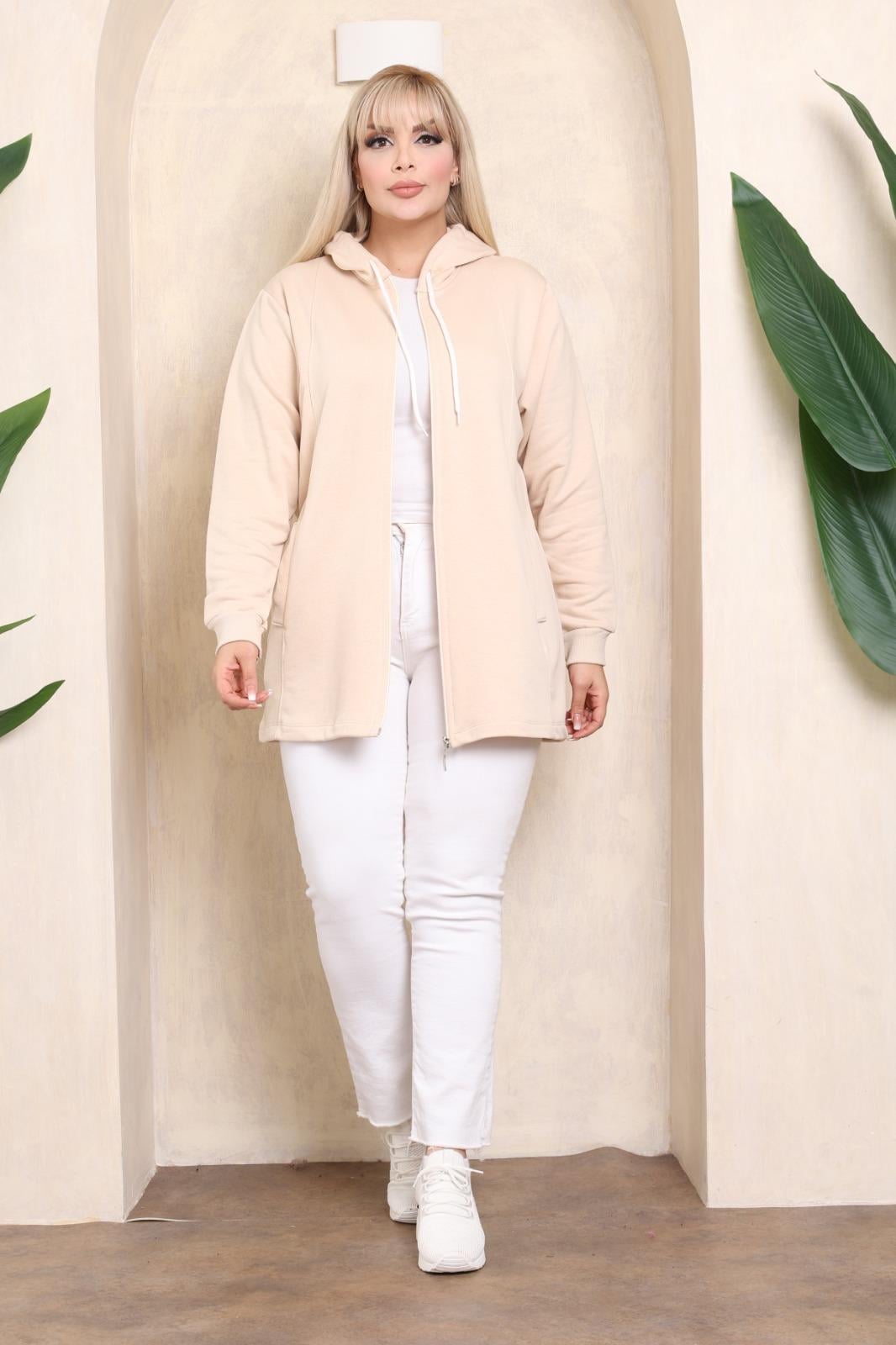 Krem kapşonlu sweat hırka 