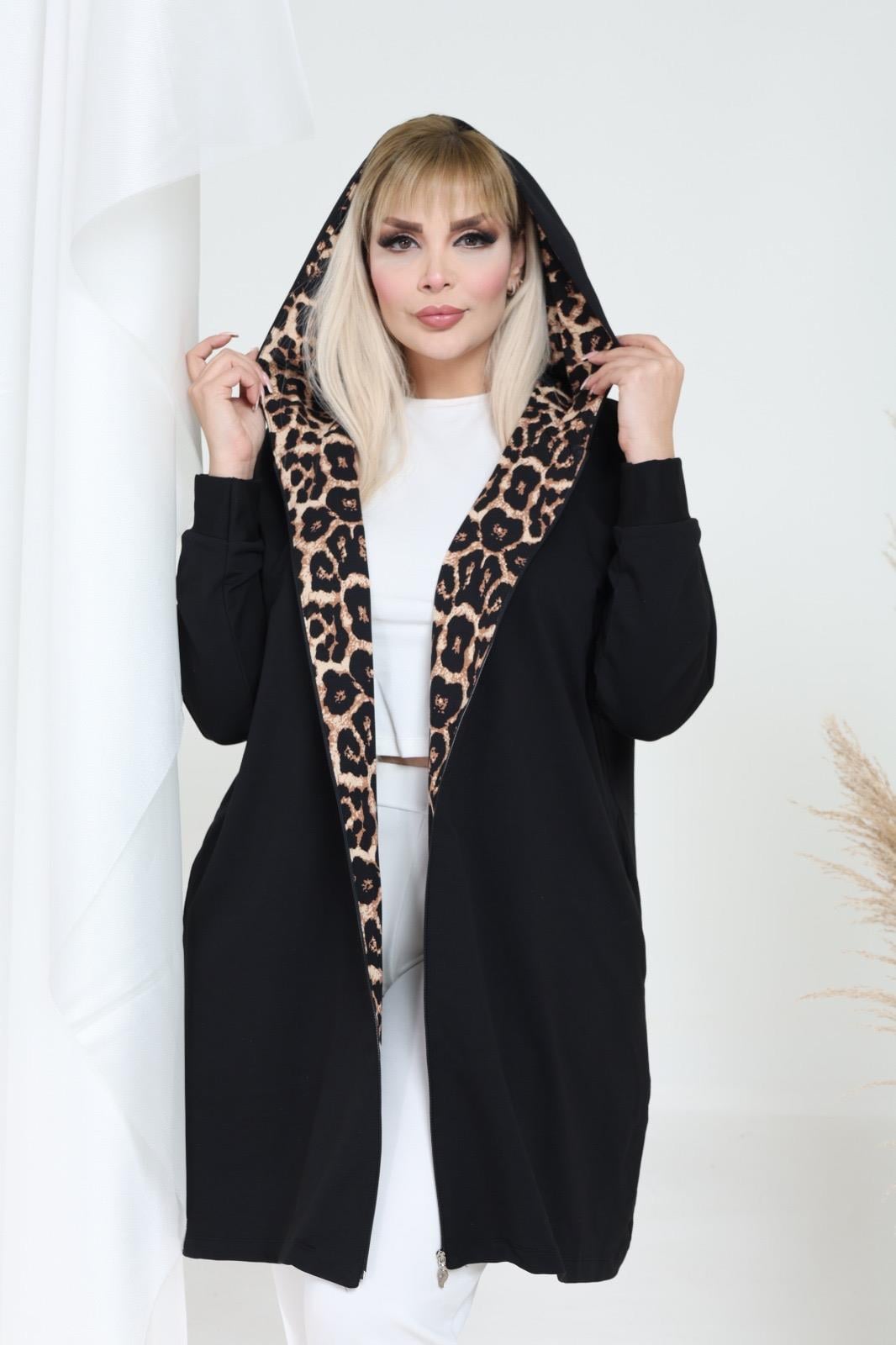 Leopar detaylı kapşonlu hırka 