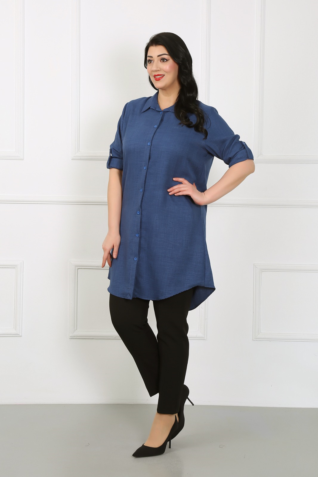 Mavi keten viskon uzun gömlek 