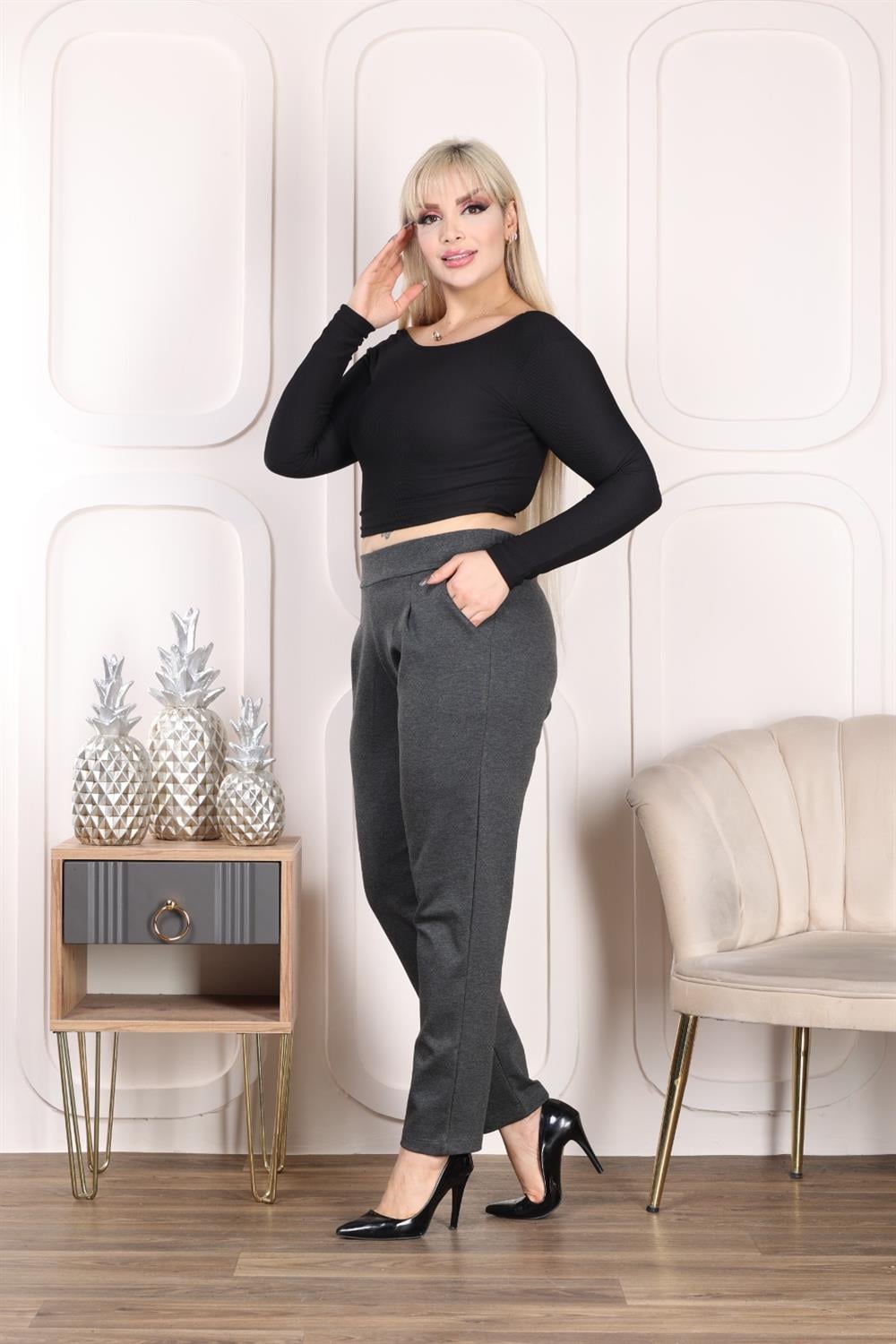 Pileli çeli kumaş füme pantolon
