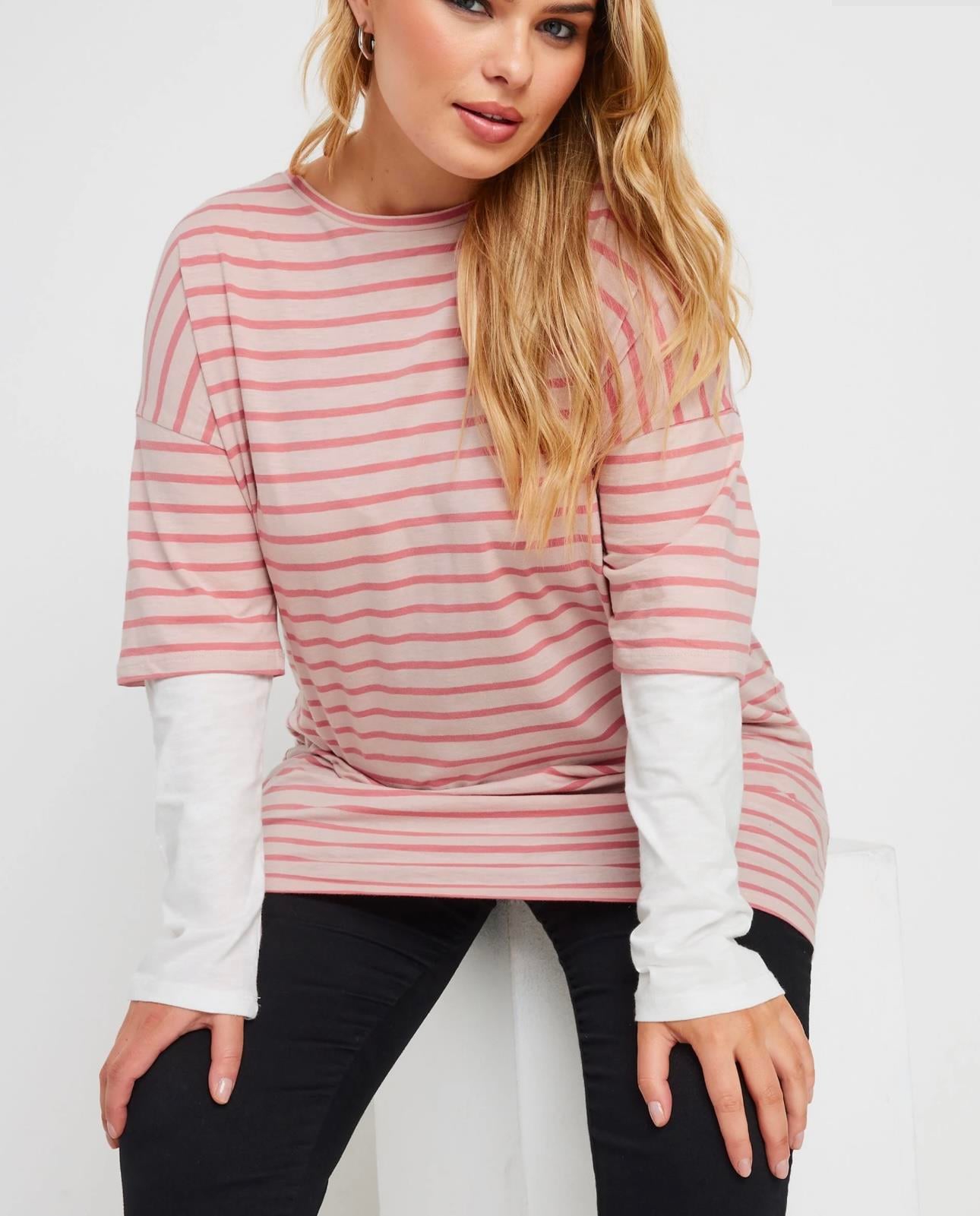 Pudra pembe çizgili bluz 