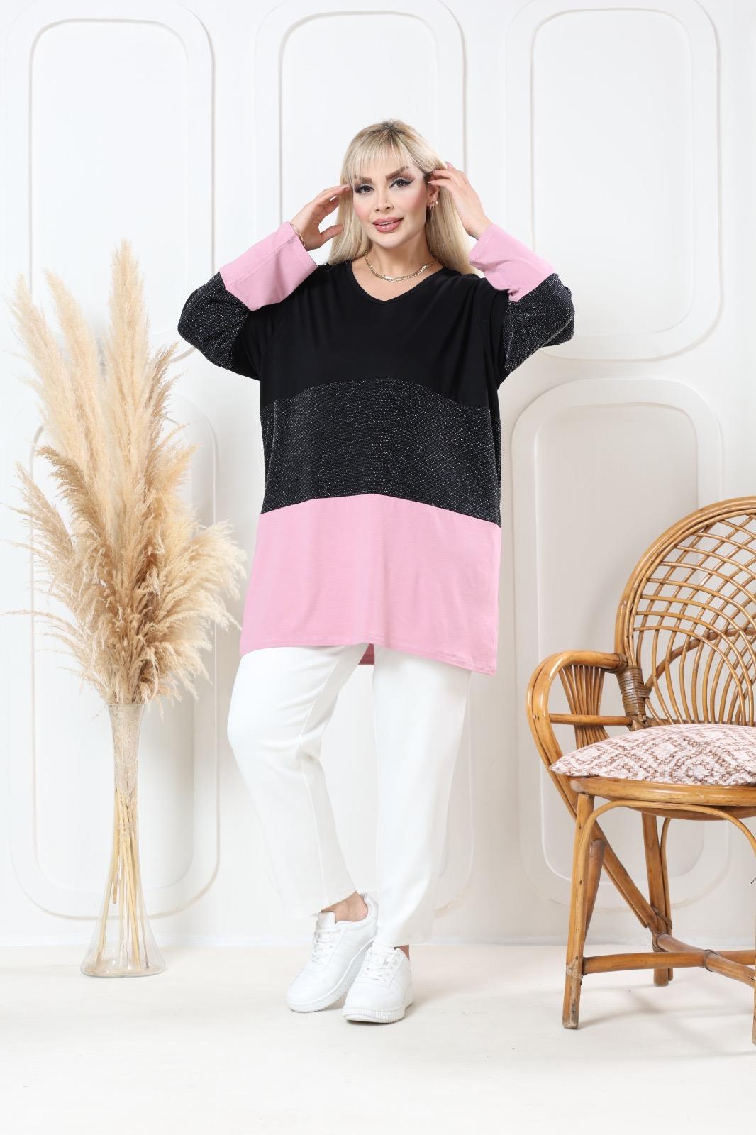 Simli pembe ve siyah renkli bluz 