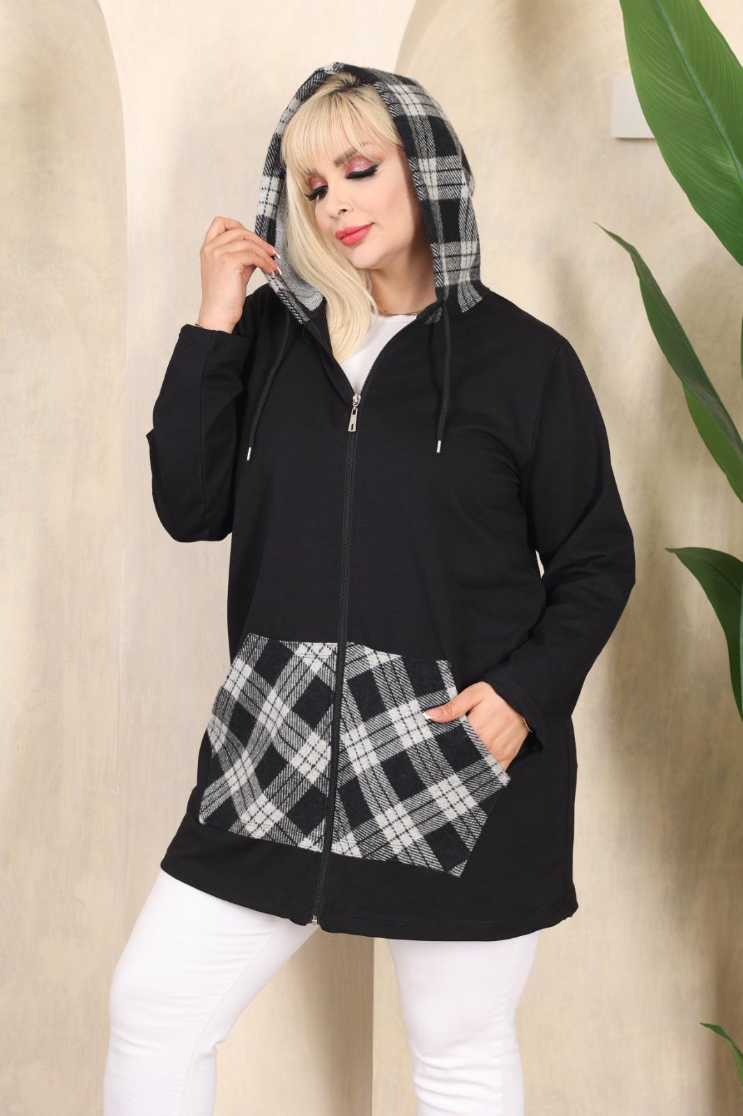 Siyah ekose desenli sweat hırka 