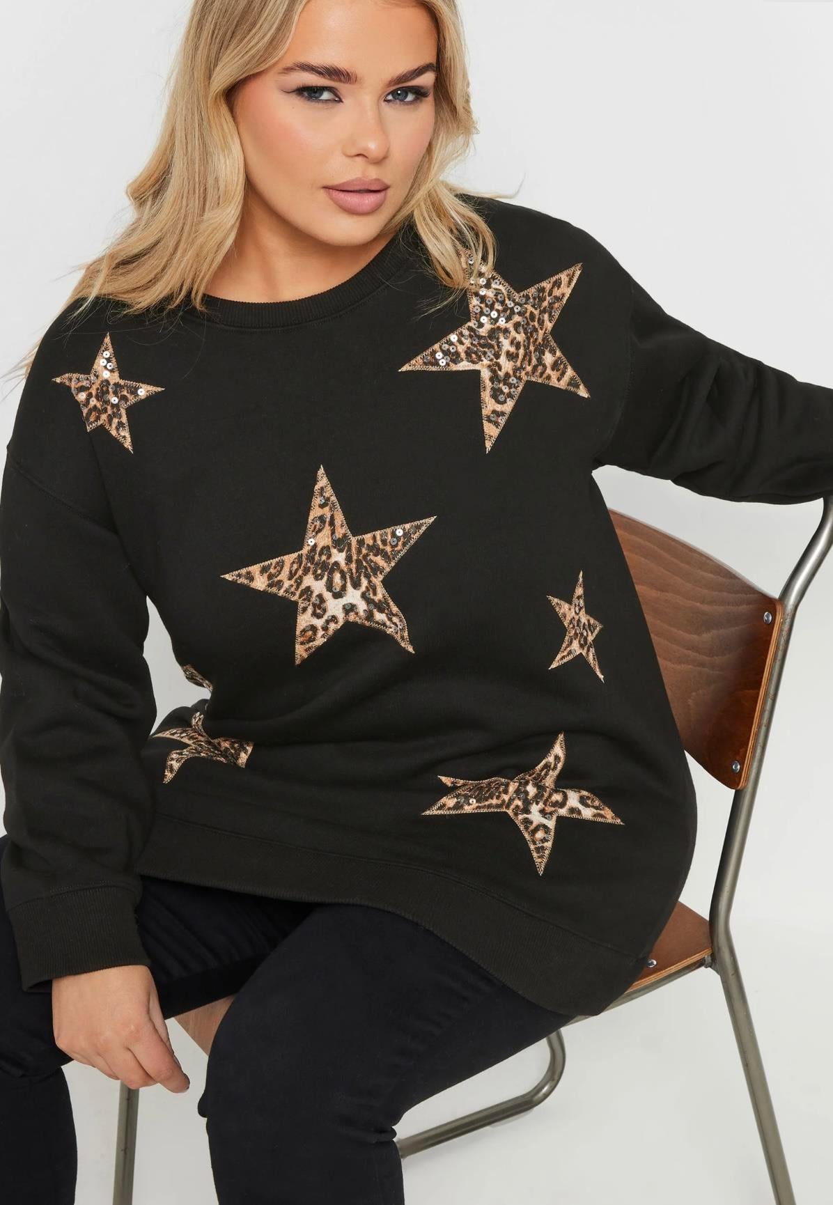 Siyah leopar yıldız baskılı kalın sweat 