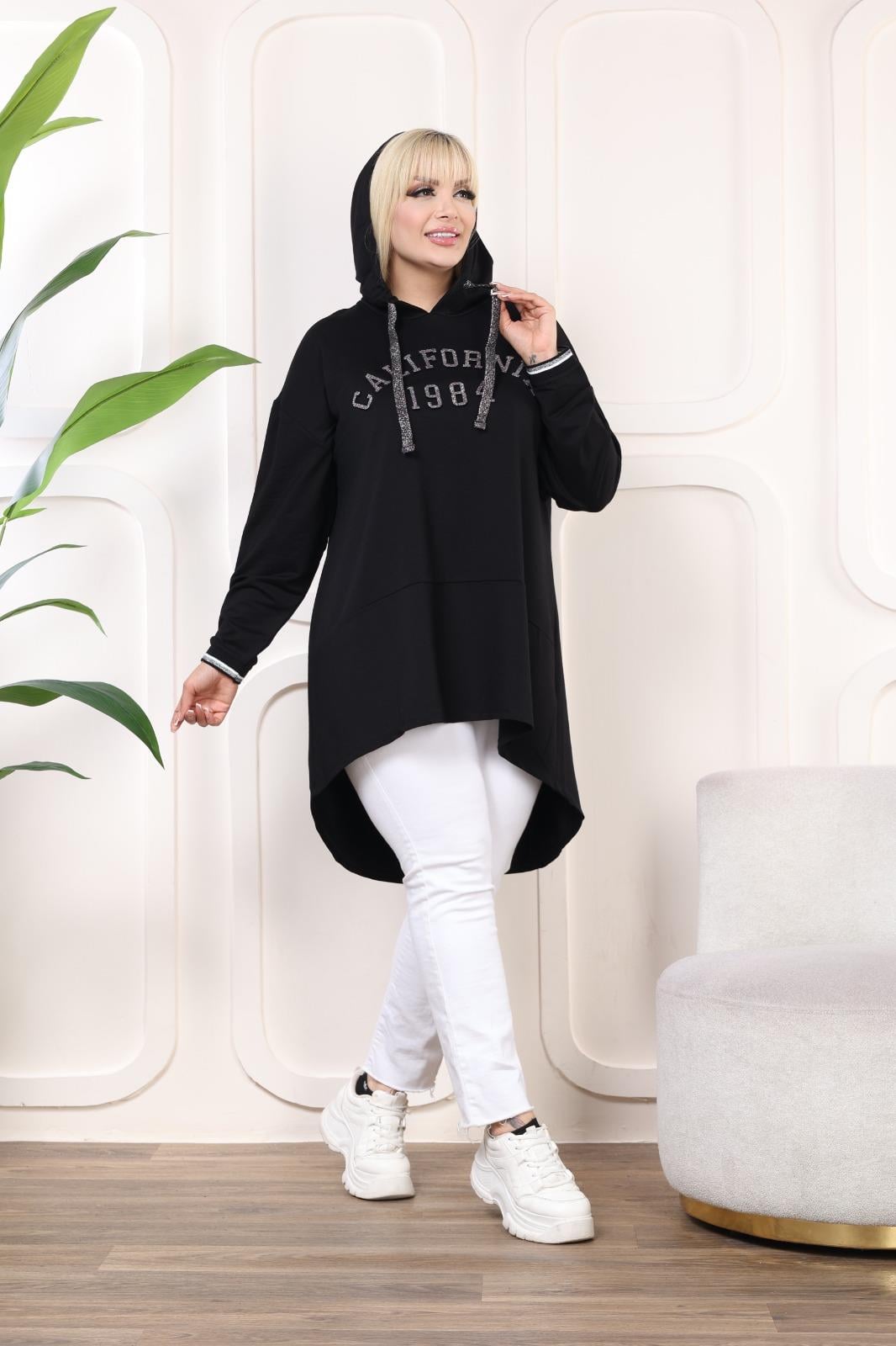 Siyah önü kısa arkası uzun sweat tunik