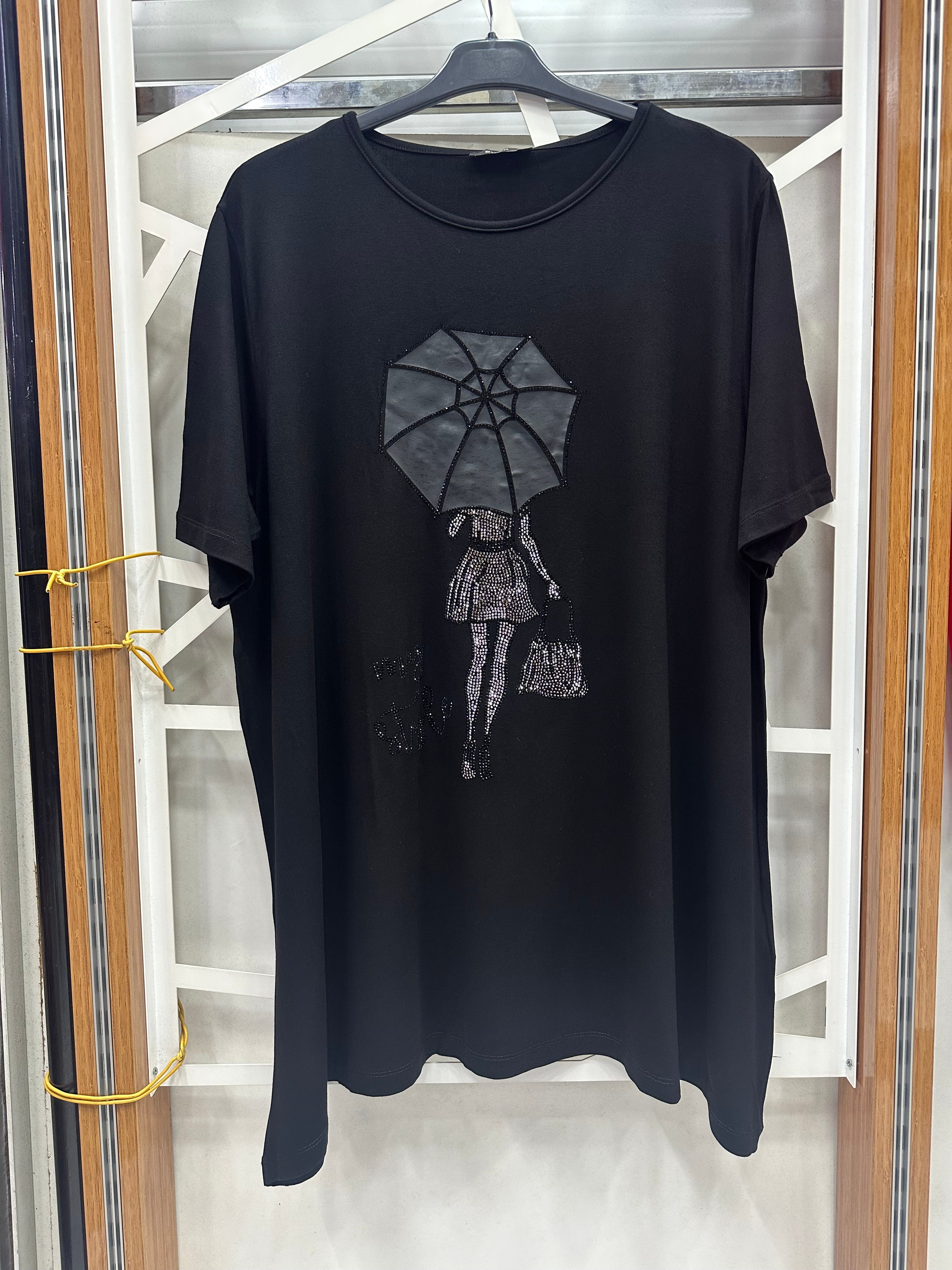 Siyah şemsiye figürlü taşlı bluz 