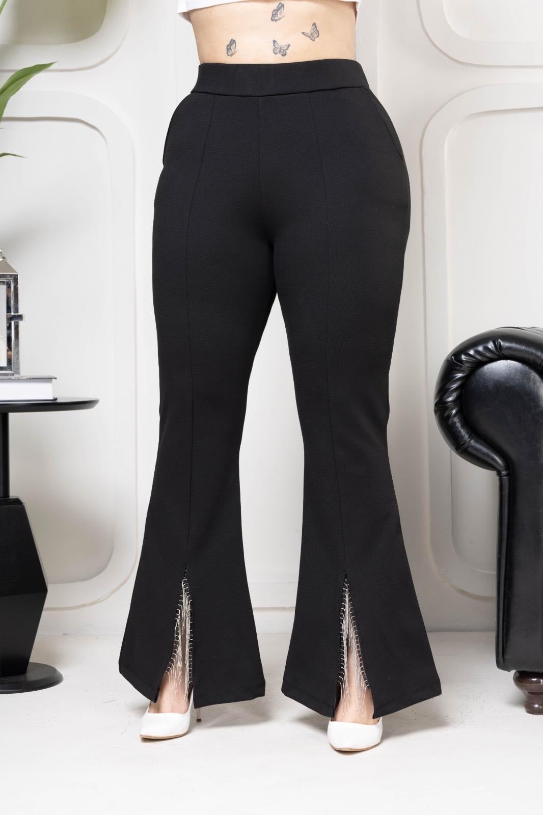 Taş püsküllü İspanyol paça çelik kumaş pantolon 