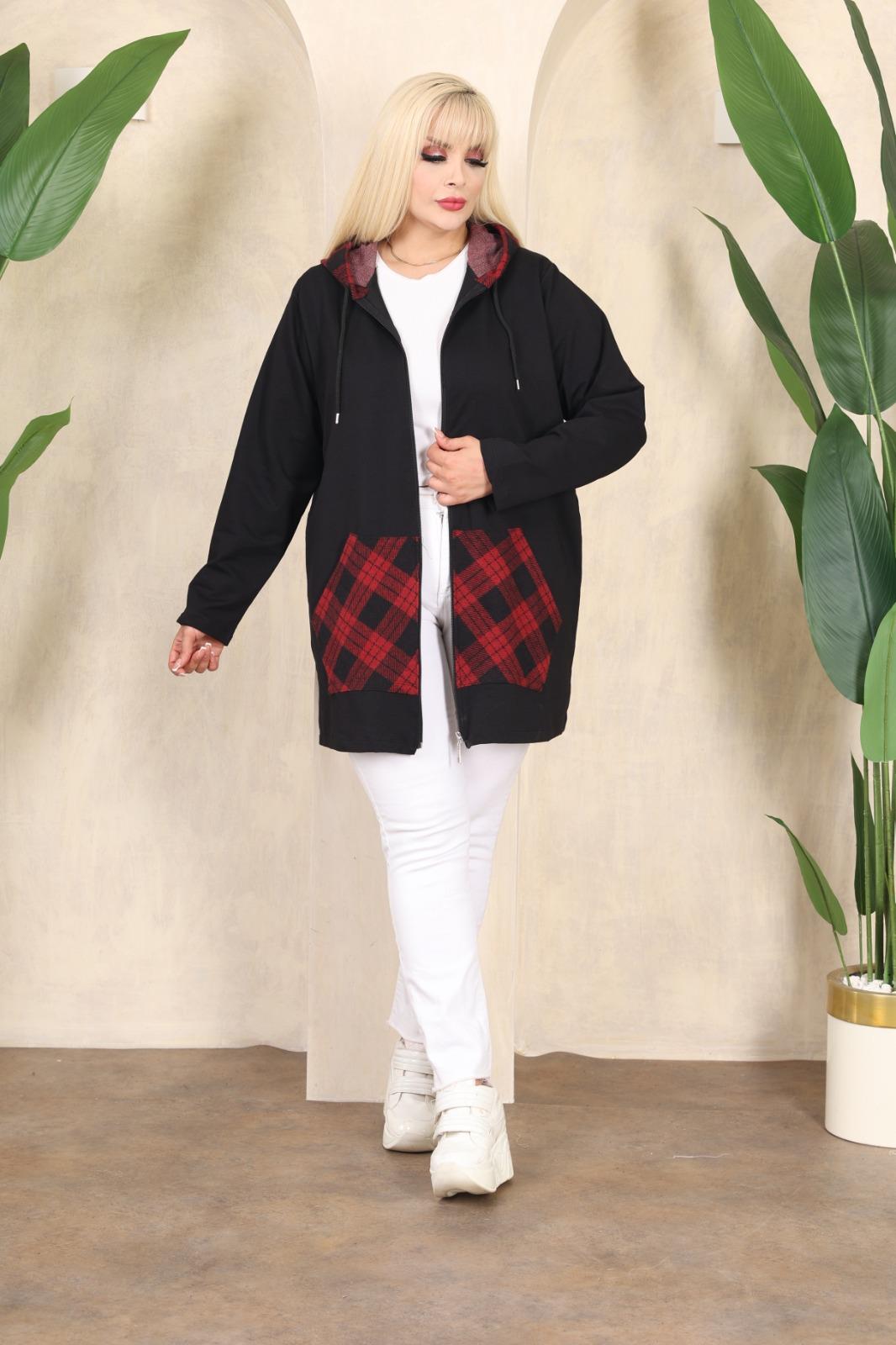 Bordo ekose desenli fermuarlı sweat hırka 