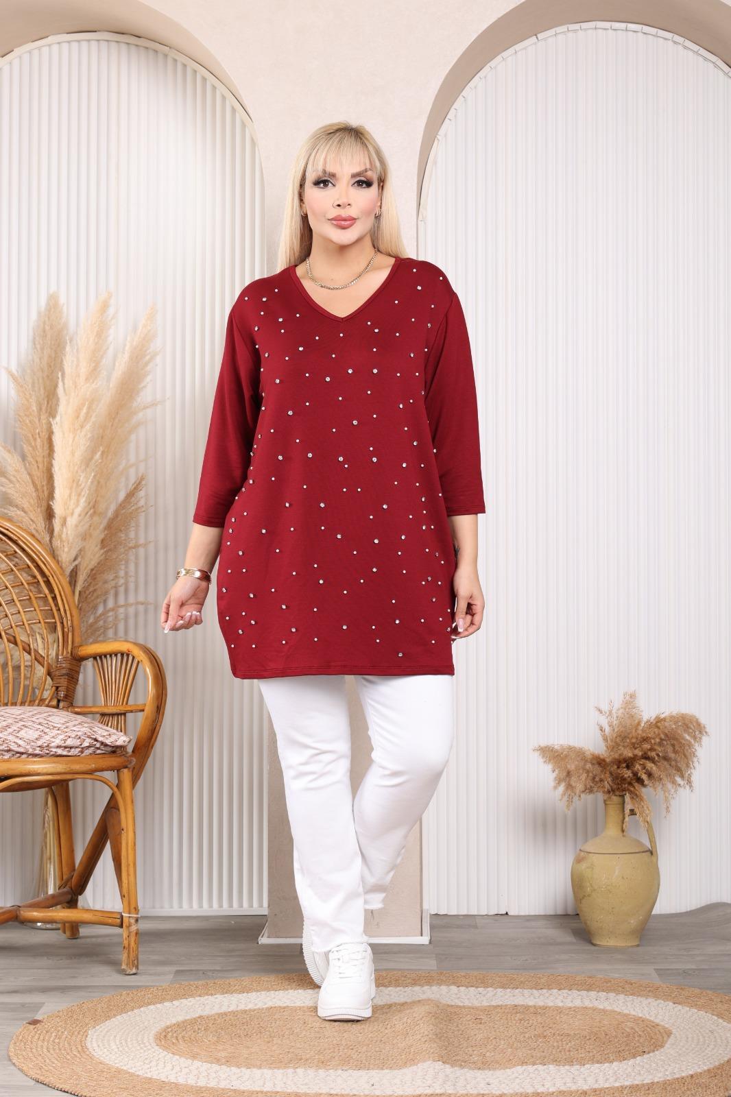 Bordo taş ve inci detaylı bluz 